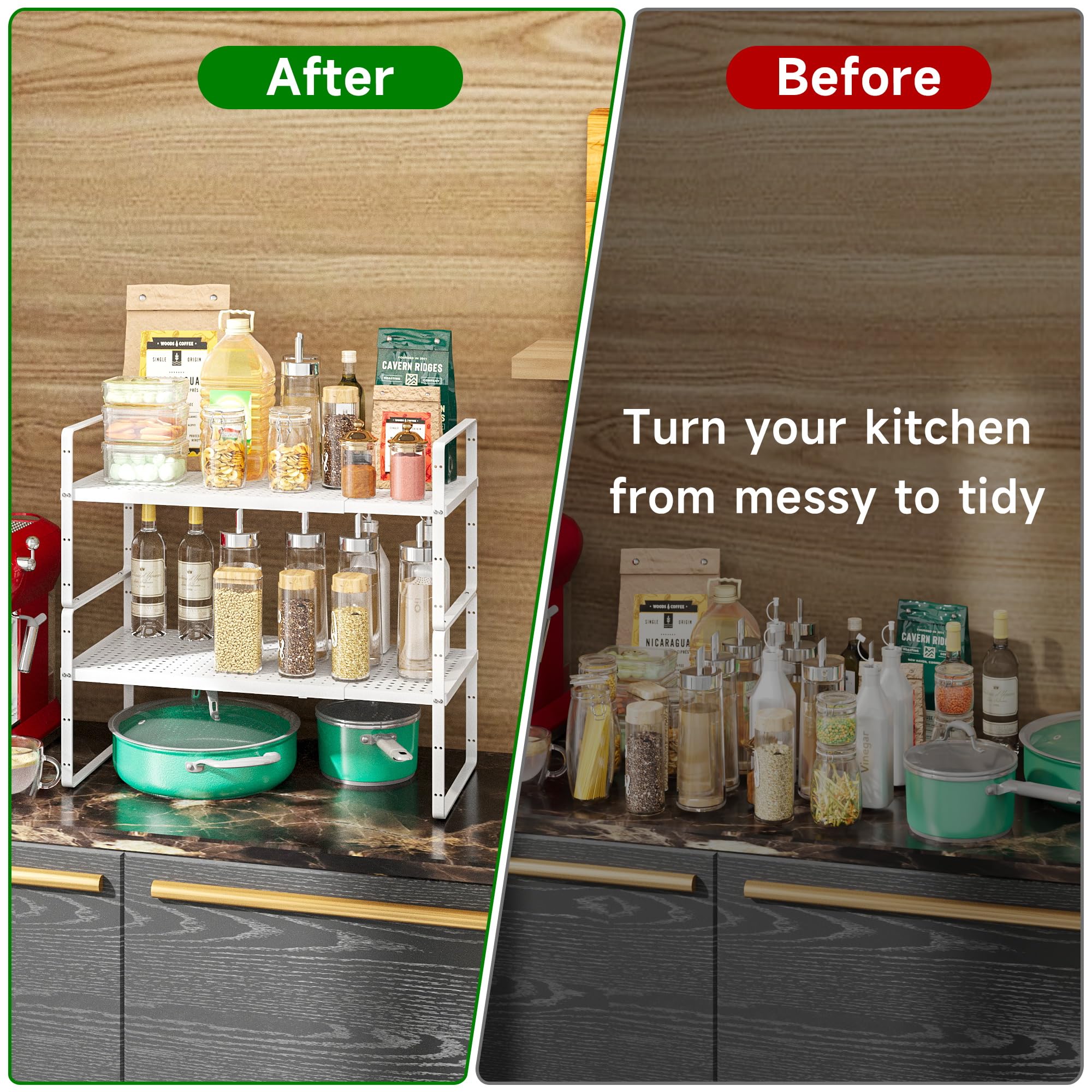 Expandable Kitchen Cabinet Organizer - Heavy Duty Metal Spice Rack, Stackable Counter Storage Shelf for Pantry, Bathroom & Kitchen - Adjustable from 16.5