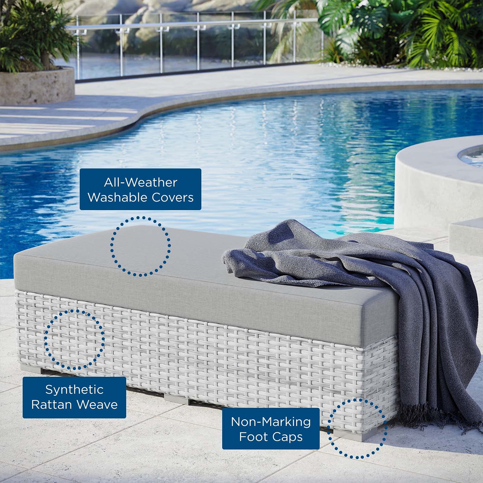 Modern Grey Rattan Wicker Lounge Chair Ottoman with Rectangular Design - Perfect for Outdoor Patio, Balcony, Bistro & Relaxation