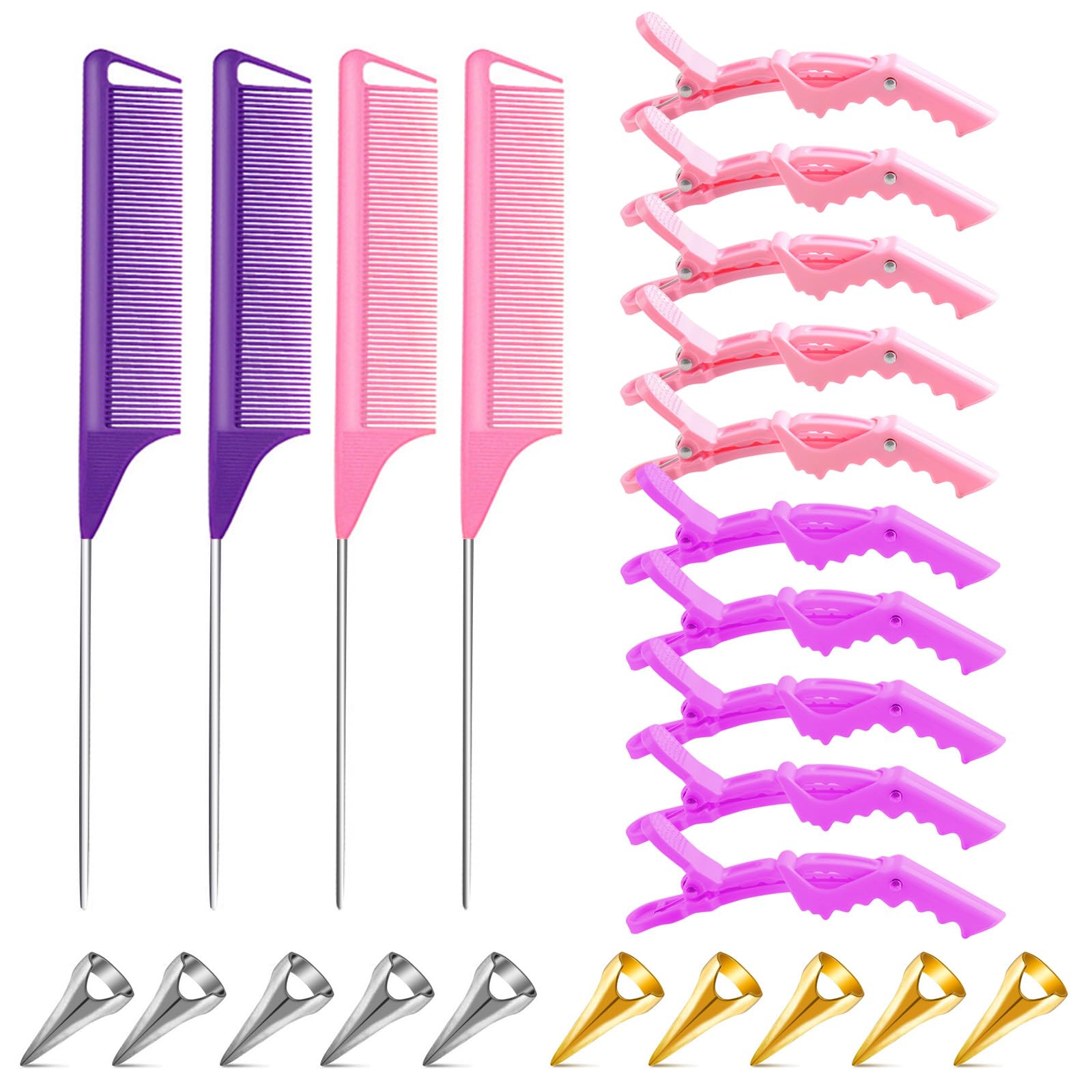 24-Piece Steel Hair Parting Rings & Alligator Styling Clips - Rat Tail Comb for Braiding, Curling & Hair Extensions (Mixed Colors) - Perfect for Salon Stylists & DIY Hairdressing at Home