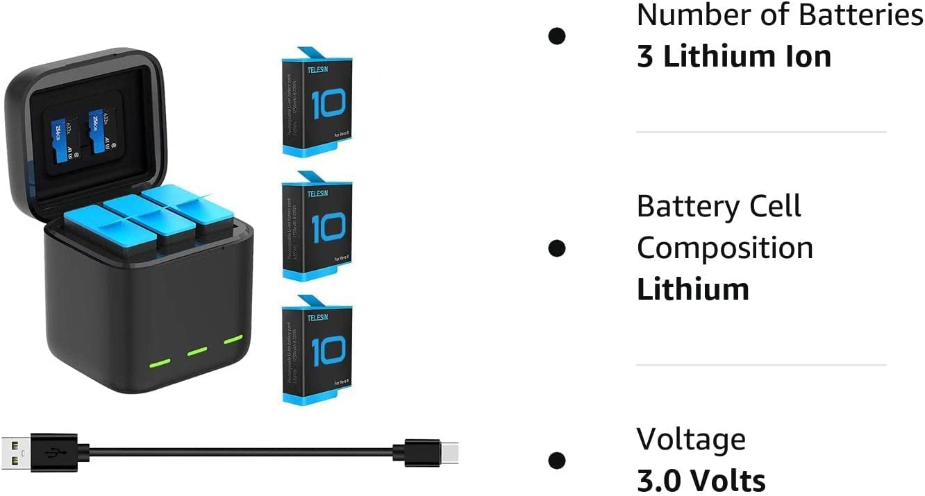 REYGEAK 3-Channel Portable Battery Charger with 3 Rechargeable Batteries for GoPro Hero 12/11/10/9 Black - Fast Charging Storage Case for Travel, Vlogging & Outdoor Adventures
