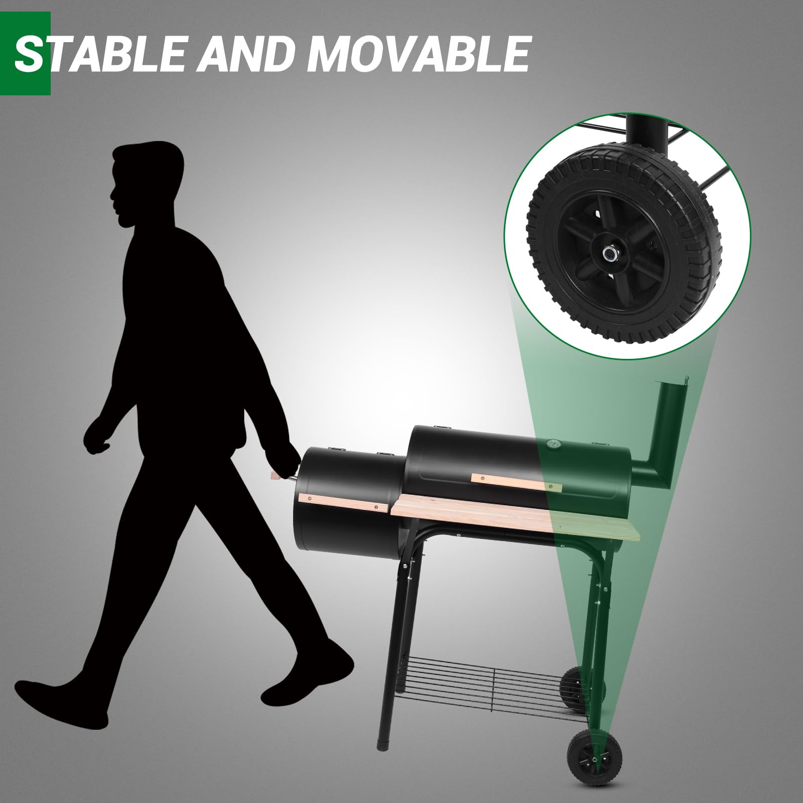 Outvita Charcoal Grill & Offset Smoker with Wheels - Portable Outdoor BBQ Cooker for Backyard, Camping, Picnics & Parties - Heavy-Duty Patio Barbecue Oven with Side Fire Box for Grilling, Smoking & Roasting Meats