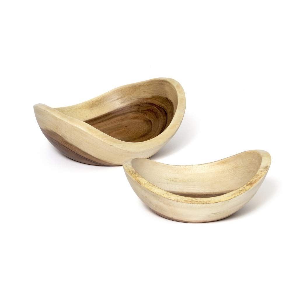 Handcrafted Acacia Wood Boat-Shaped Bowls Set of 2 - Natural Brown Textured Oval Serving Bowls for Salad, Soup, Nuts & Home Decor