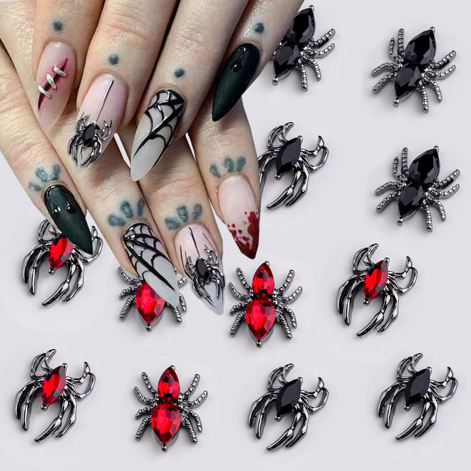 Black and Red Spider Nail Charms - Halloween Acrylic Nail Gems & Rhinestones for Women & Girls - DIY Manicure Jewelry Decor Accessories - Perfect for Halloween Parties, Nail Art Designs, and Spooky Themed Manicures