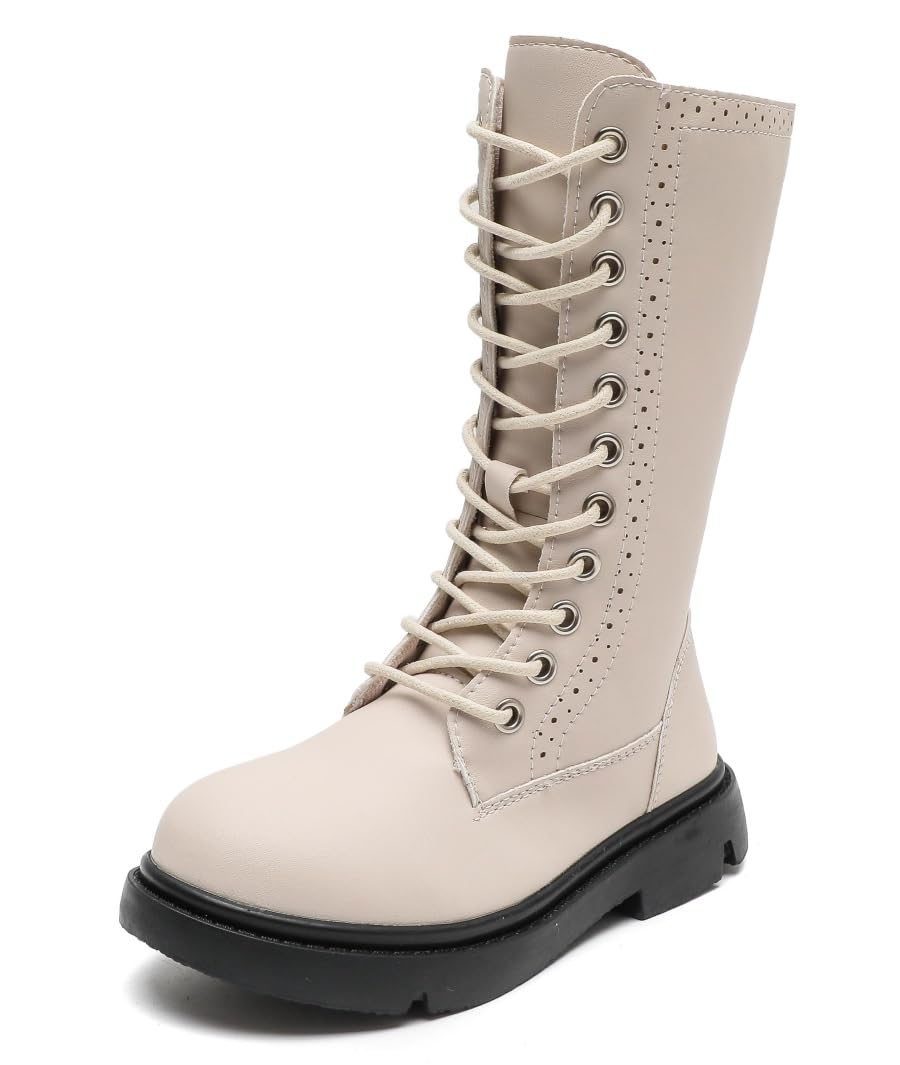 KKDOM Boys & Girls Leather Waterproof Combat Boots with Lace-Up & Side Zipper - Winter Riding Boots for Toddler, Little Kid & Big Kid - Perfect for Outdoor Play, School & Cold Weather Adventures