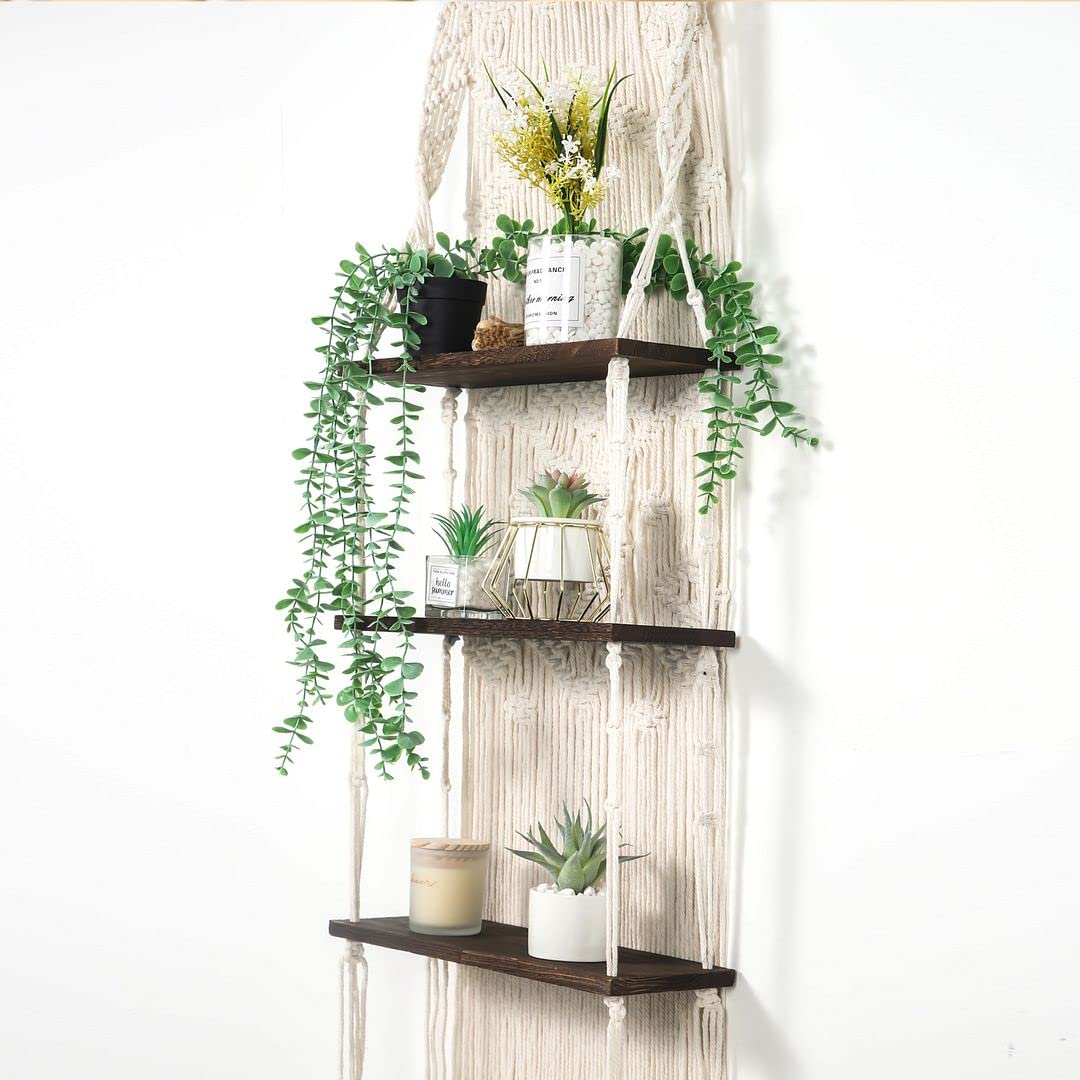 Handmade Macrame Wall Hanging Shelf - 3 Tier Boho Decor for Plants, Bathroom & Living Room | Bohemian Home Decor | Large Eclectic Shelf for Small Plants & Decor Items (Brown) - Perfect for Bedroom, Bathroom & Living Room Wall Decor