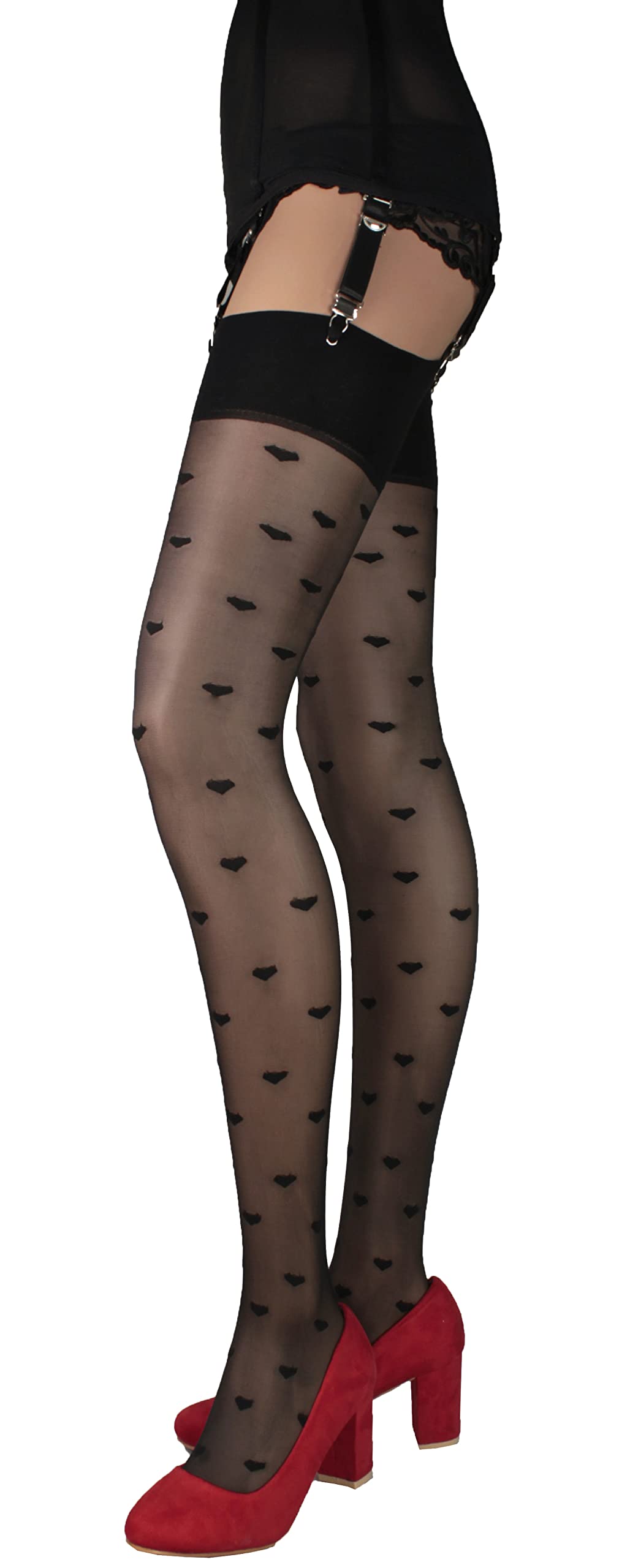 JUST BEAUTY TOUCH Heart Pattern Stockings - Semi-Sheer Tights (S-4XL) 20 Denier Black Sweetheart Design for Valentine's Day, Date Night & Romantic Occasions