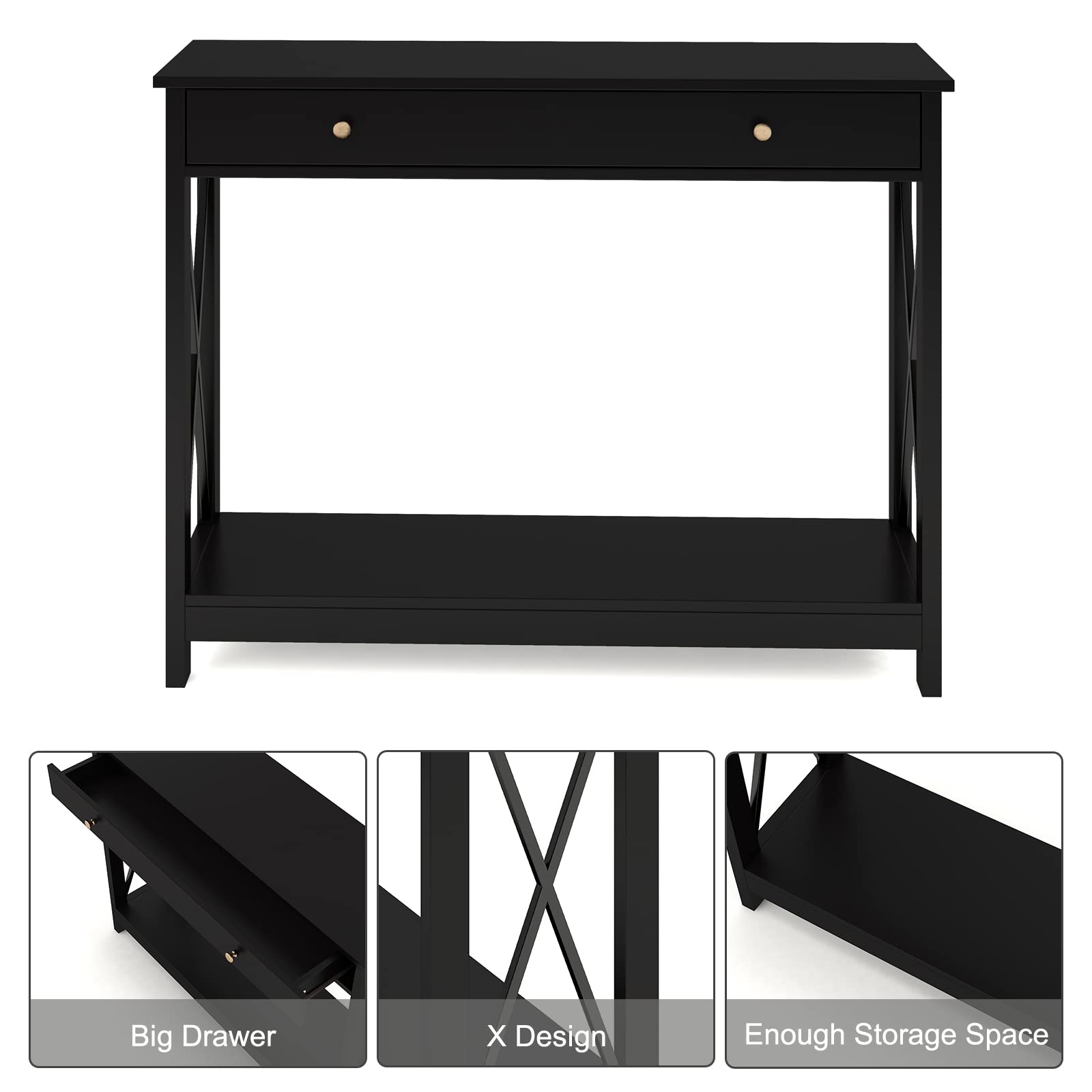 Treocho Black Console Table with Drawer & Storage Shelves - Narrow Sofa Table for Entryway, Living Room, Hallway | Perfect for Small Spaces, Home Decor & Organizing Keys, Mail & Decor Items