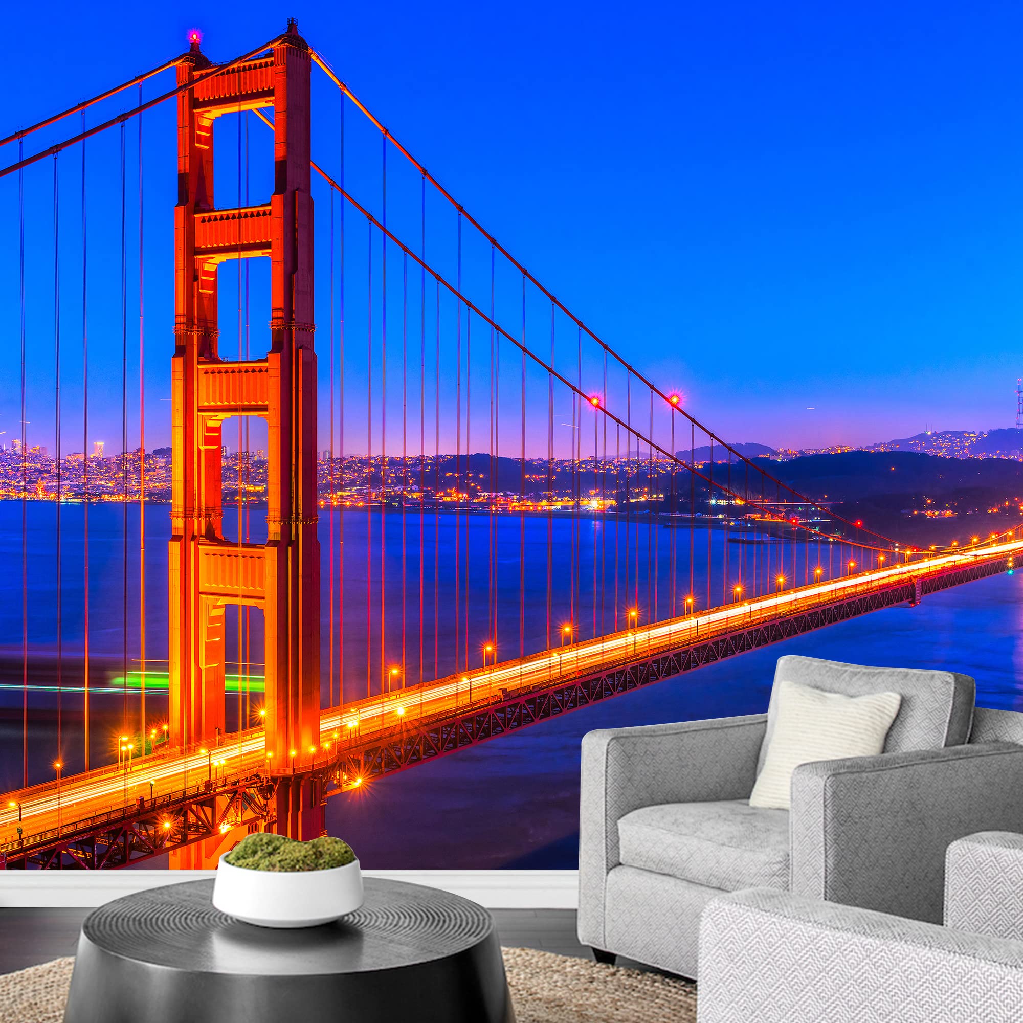 Wall26 Removable Wall Sticker & Mural - Golden Gate Bridge Night View with Neon Lights, Cityscape Photography, Urban Landscape Art for Living Room, Bedroom, Office Decor - 100