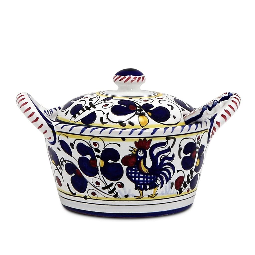 Authentic Hand-Painted Orvieto Blue Rooster Parmesan Cheese Bowl with Spoon - Italian Deruta Ceramic, Original Design | Perfect for Kitchen Decor, Cheese Serving & Gift Giving | Includes Certificate of Authenticity, Ships from USA