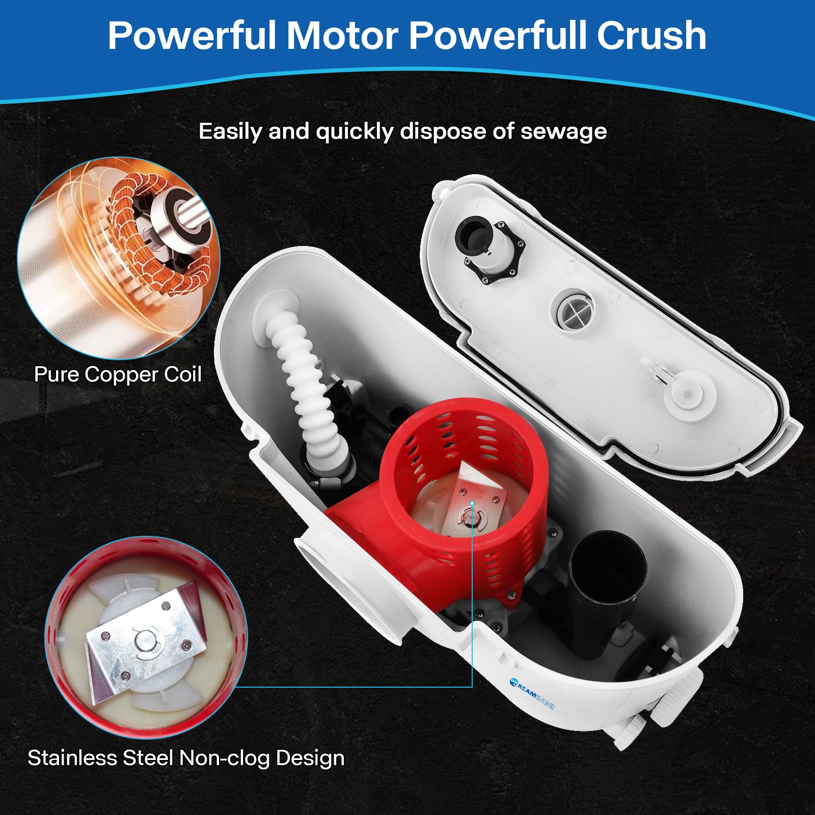 500W Macerator Pump for Toilet & Sink - 4 Inlet Sewage Water Pump for Bathroom, Kitchen & Domestic Waste Drainage - Ideal for RV, Boat & Tiny House Plumbing Systems