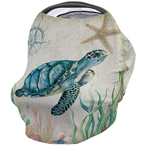 Soft Breathable Baby Car Seat Cover for Newborns - Vintage Sea Turtle & Starfish Underwater Pattern - Stretchy Adjustable Nursing Cover for Boys & Girls (26x27.6 Inch) - Perfect for Car Travel, Stroller Use & Breastfeeding Protection