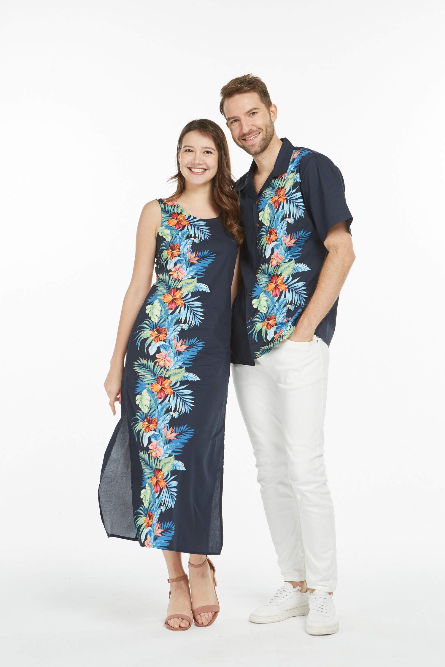 Hawaiian Couple Matching Luau Aloha Shirt & Maxi Tank Dress Set - Orchid Paradise Navy Print - Tropical Beach Vacation, Summer Party & Date Night Outfits