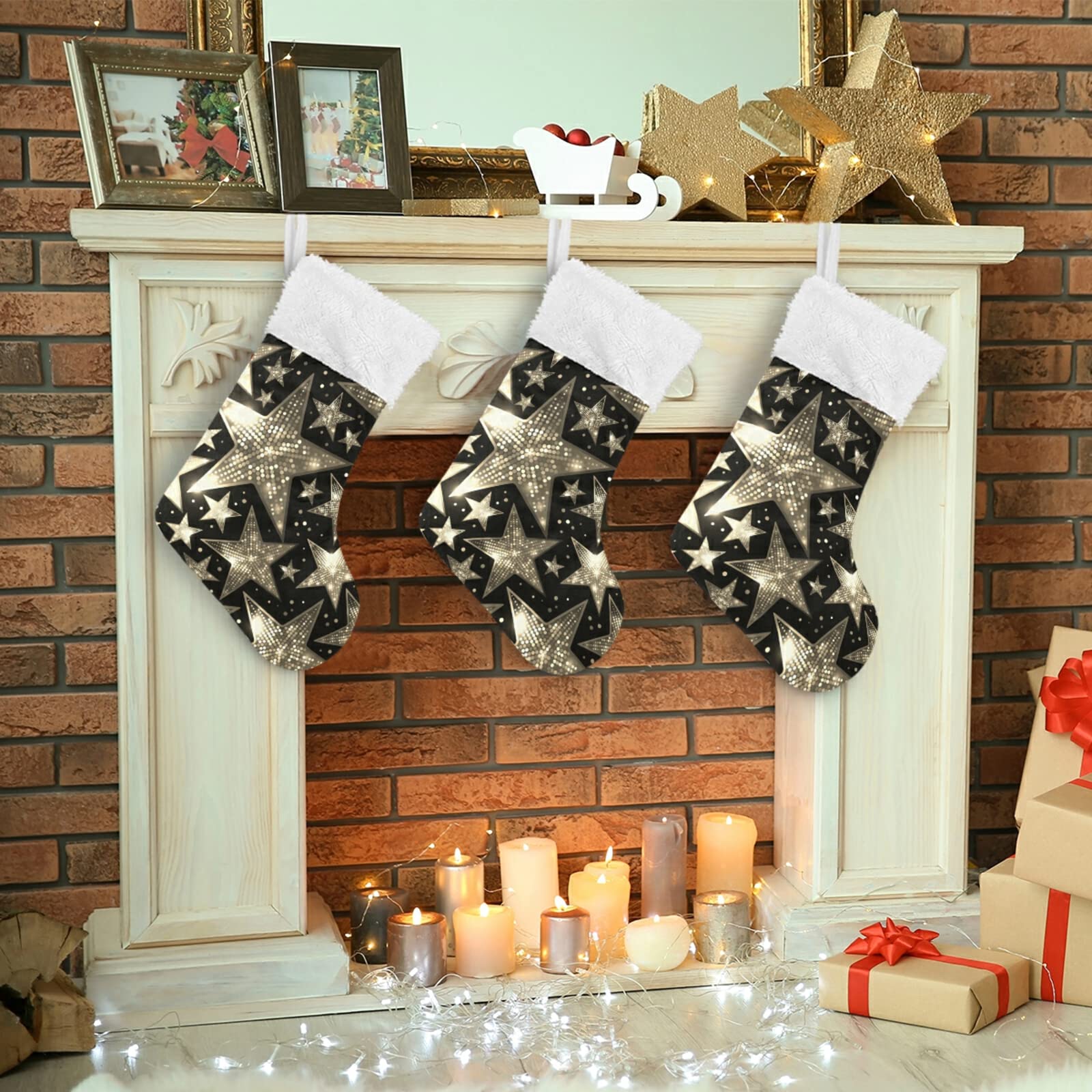 2 Pack Silver White Sparkling Star Sequins Christmas Stockings - Large 18x8 Inch Burlap Plush Faux Fur Cuff Stocking for Fireplace, Bed, Stairs, Xmas Tree Decor - Perfect for Holiday Parties & Festive Home Decor