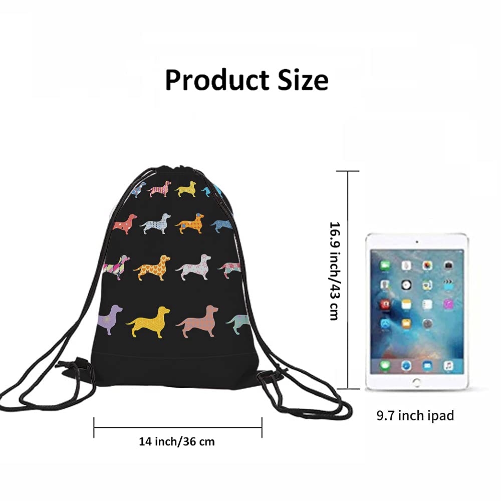 Colorful Dachshund Drawstring Backpack - Cute Puppy Animal Print with Stars, Hearts & Polka Dots - Boho Tribal Gym Sack for Yoga, Sports, Travel - Perfect for Men & Women (Gym, Beach, Festival, School)