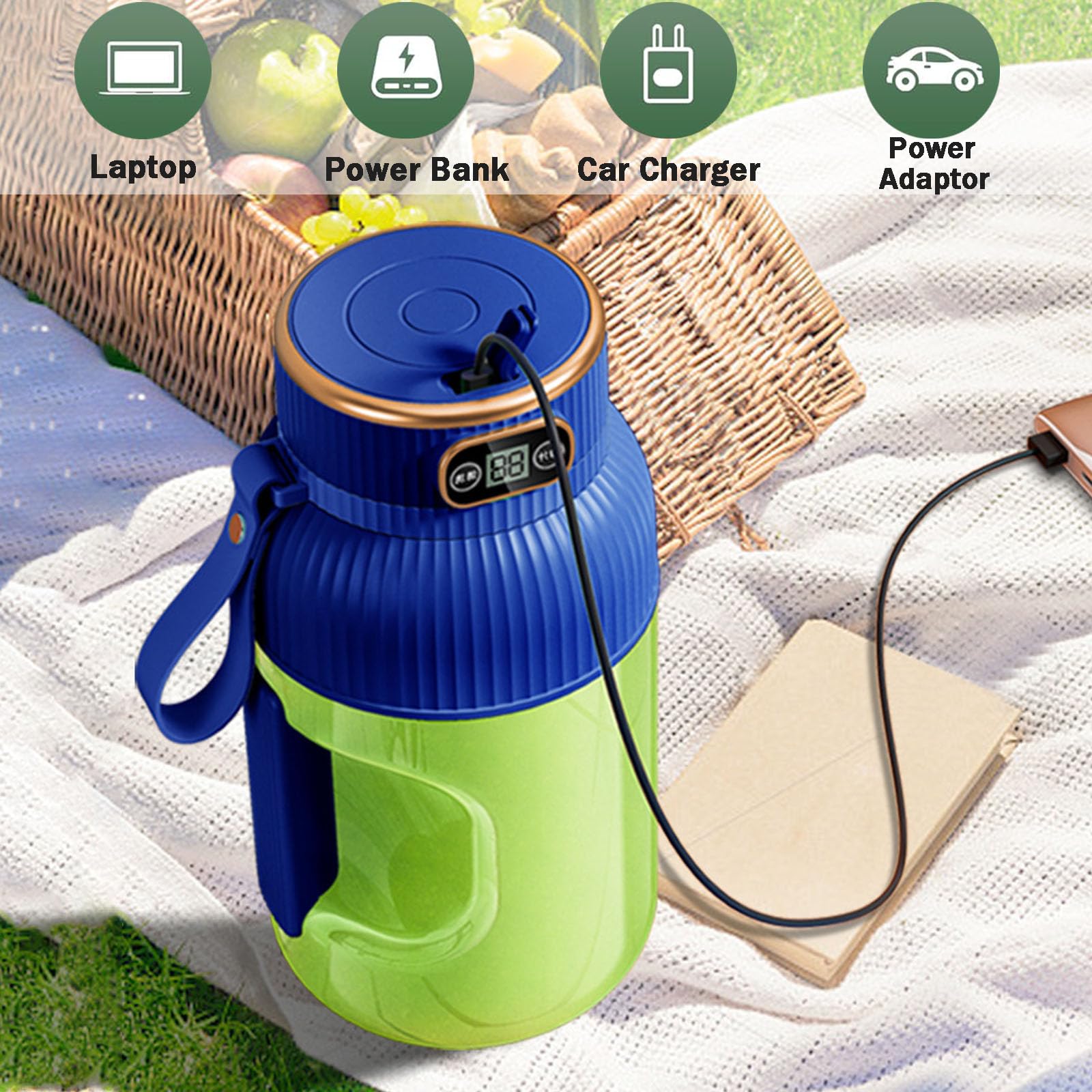 Portable Juicer Cup Blender with Digital Display - Multifunctional Travel Blender for Shakes, Smoothies & Fresh Juice - Perfect for Gym, Office & Outdoor Activities (Blue)