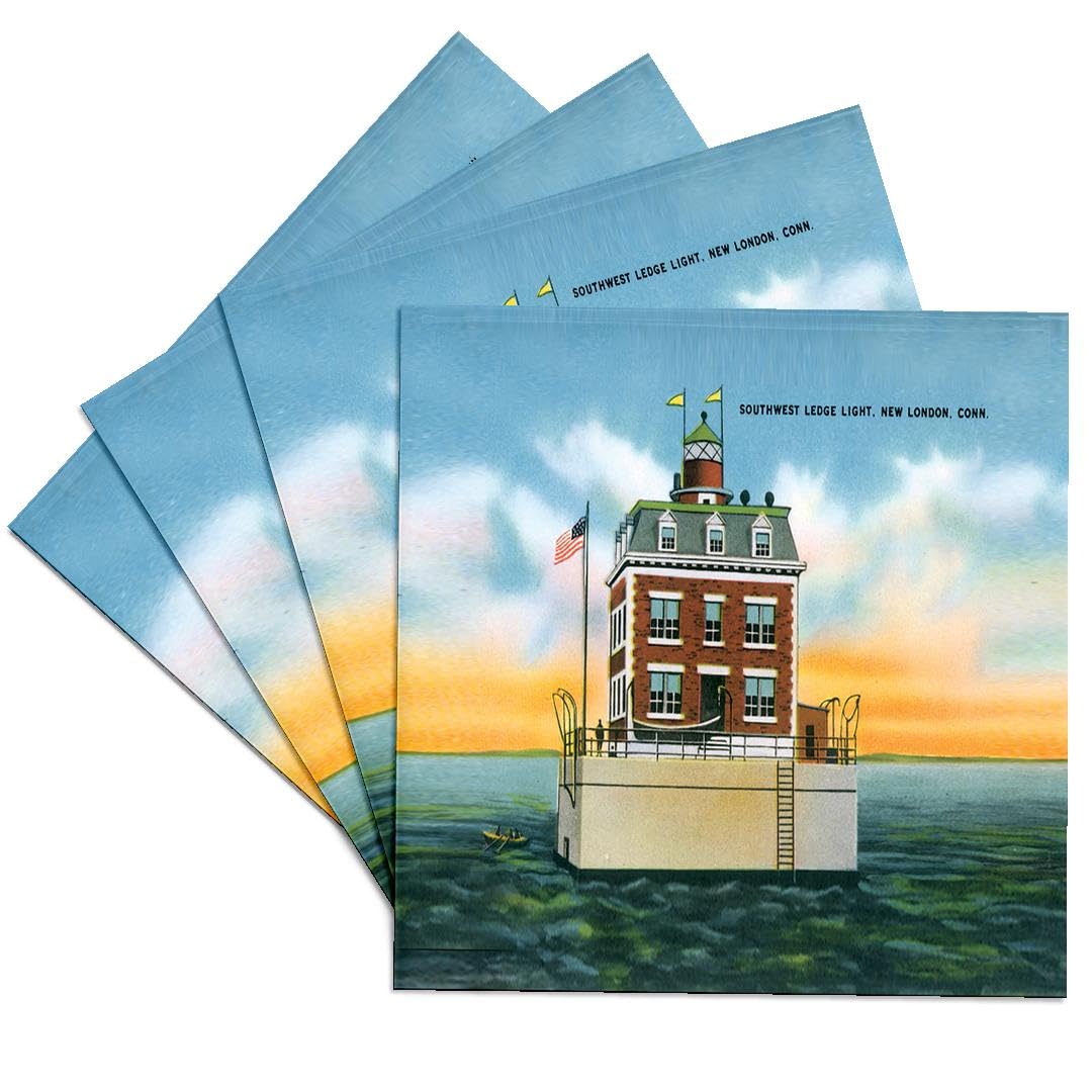 Southwest Ledge Lighthouse New London Connecticut Ceramic Tile Coasters Set of 4 - Unique Lighthouse Decor for Home Bar, Office, or Gift Idea