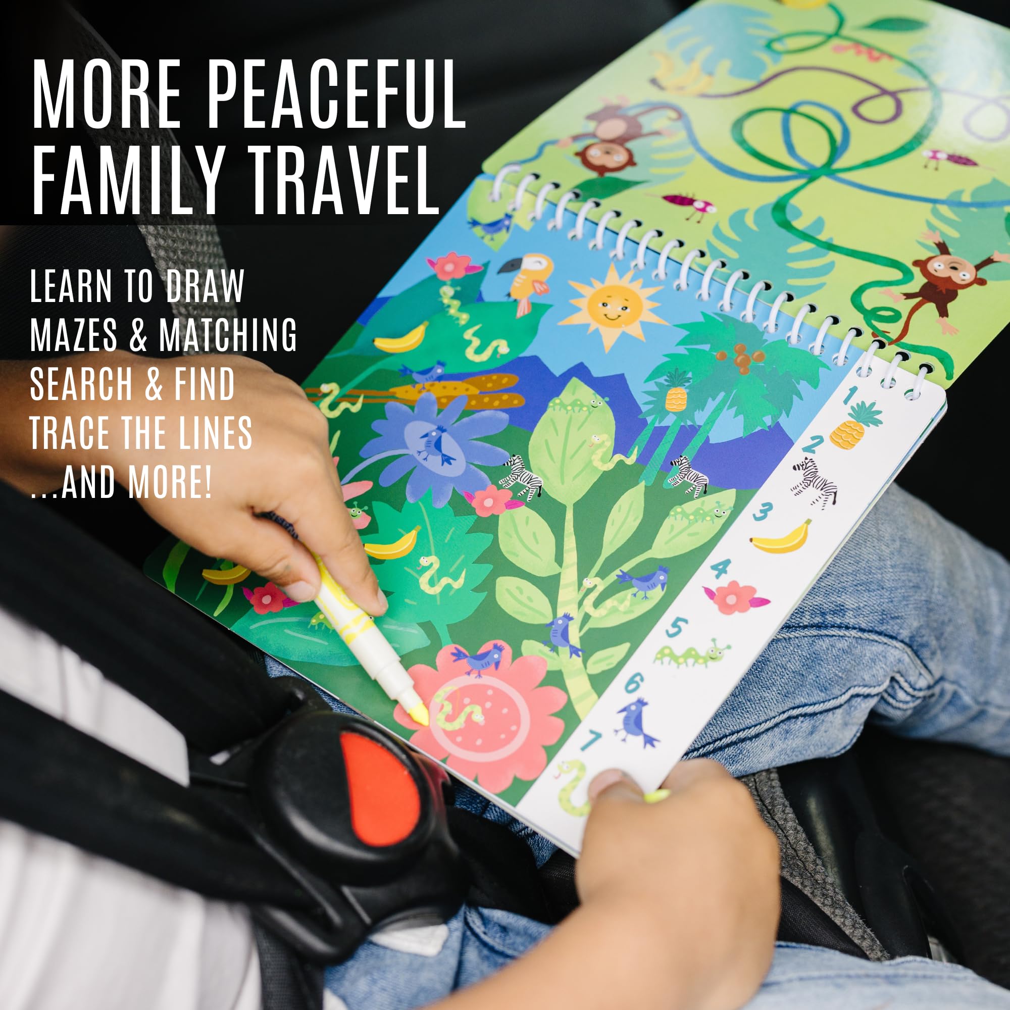 Washable Travel Activity Book for Kids Ages 4-6 | 7x7 Inch Educational Toy with Reusable Stickers & Markers | Car & Airplane Games, Search & Find Learning Activities | Perfect for Road Trips, Flights & Quiet Time (Jungle Theme)
