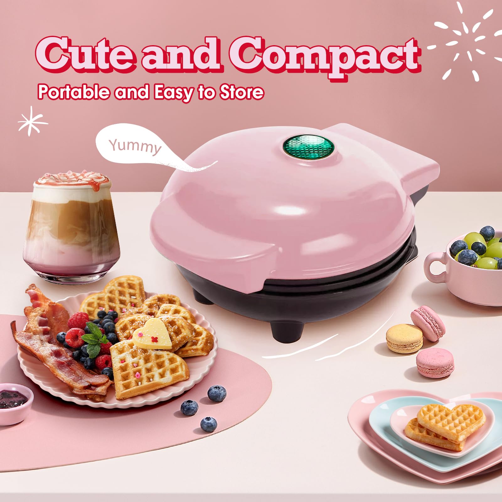 Mini Heart Waffle Maker - 4 Inch Non-Stick Keto Waffle Iron for Kids & Adults - Fast Even Heating - Perfect for Breakfast, Snacks & Keto Diet (Pink)