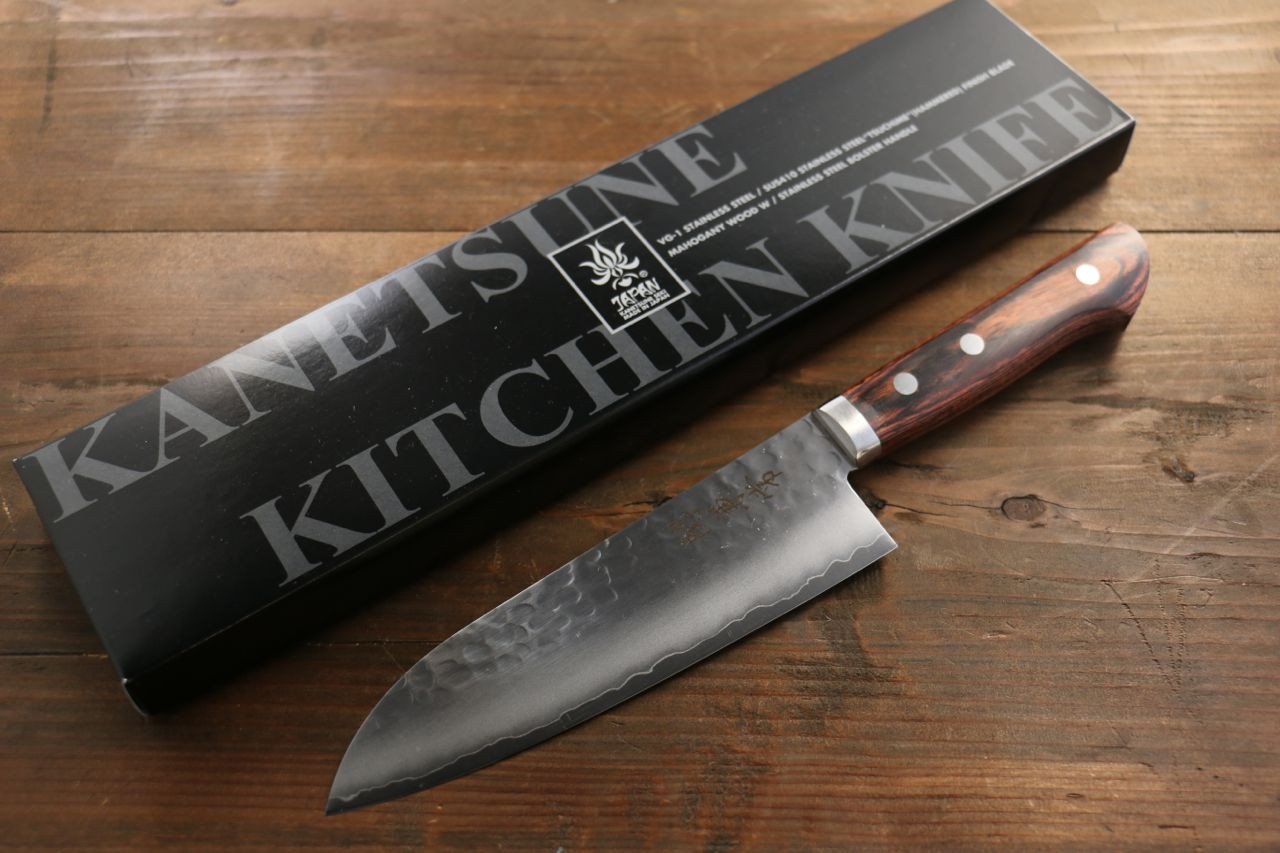 Kanetsune VG1 Hammered Santoku Knife 165mm - Japanese Mahogany Handle Chef Knife for Slicing, Dicing & Chopping Vegetables, Meat & Fish
