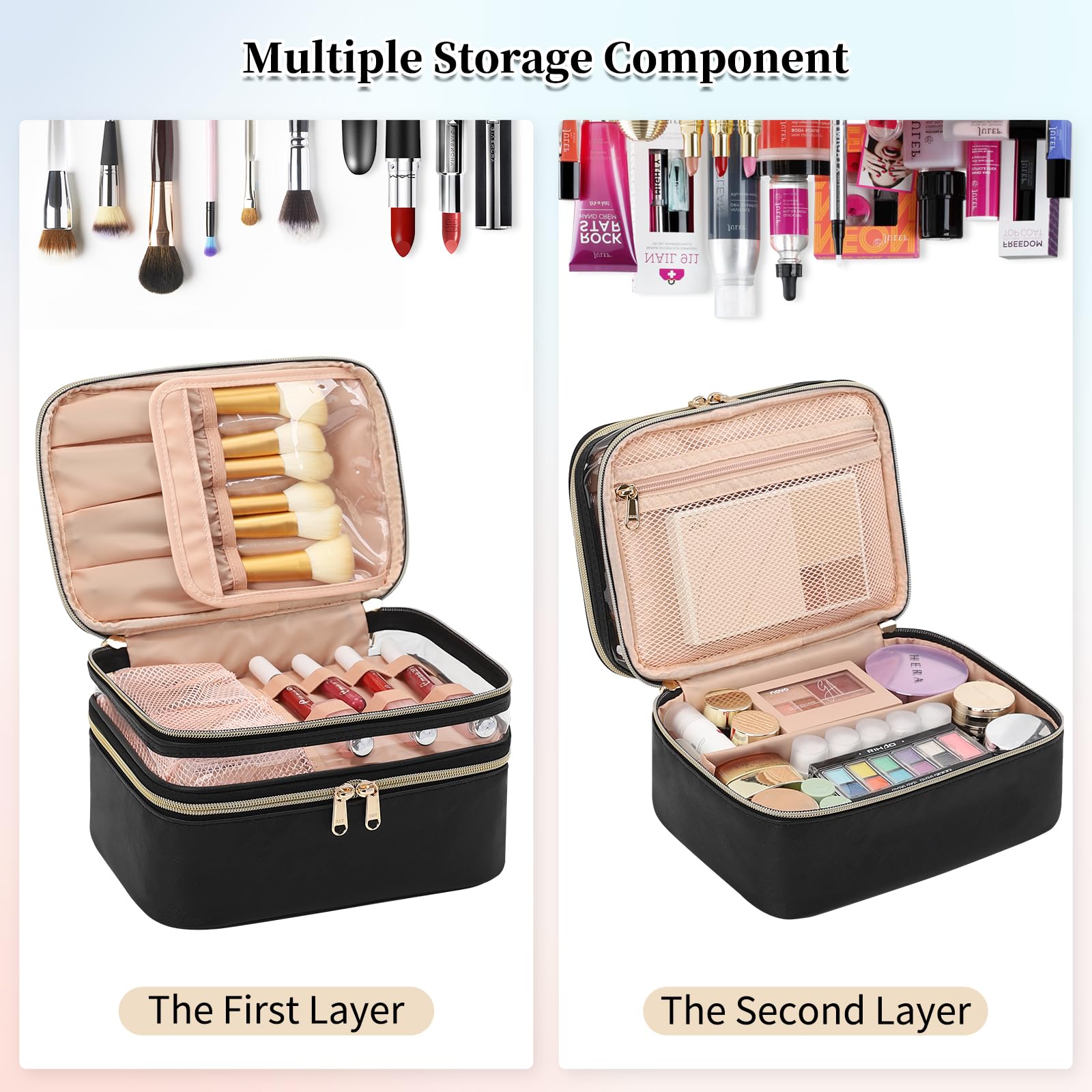 OCHEAL Double Layer Large Capacity Makeup Bag for Women - Travel Cosmetic Organizer with Handle & Divider - Perfect for Travel, Gym & Daily Use - Black
