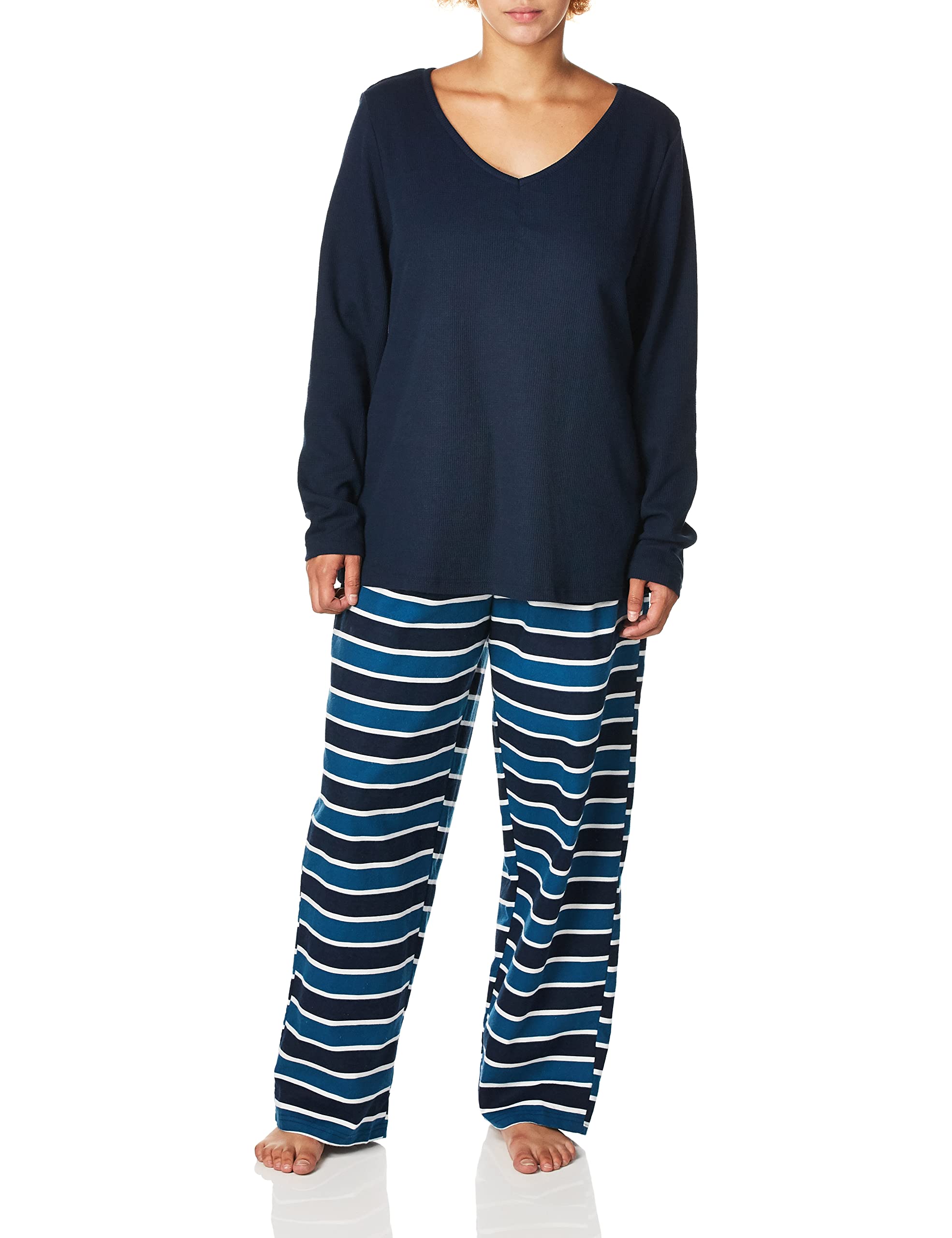 Fruit of the Loom Women's Waffle Knit V-Neck Sleep Shirt & Flannel Pajama Pants Set - Cozy Winter Loungewear for Relaxing at Home