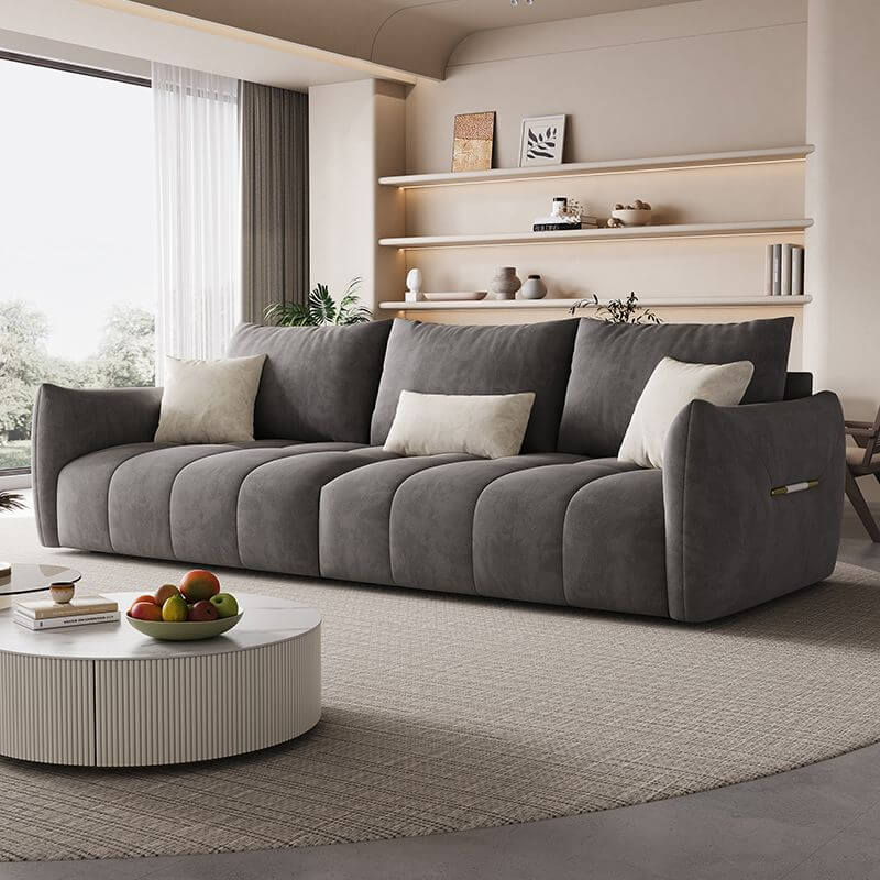 Minimalist Pine Off White Grey Peony Floor Sofa 3 Seater with Wide Pillow Back & Square Arm - Modern Living Room Furniture for Small Spaces, Lounge, Reading Nook & Cozy Home Decor