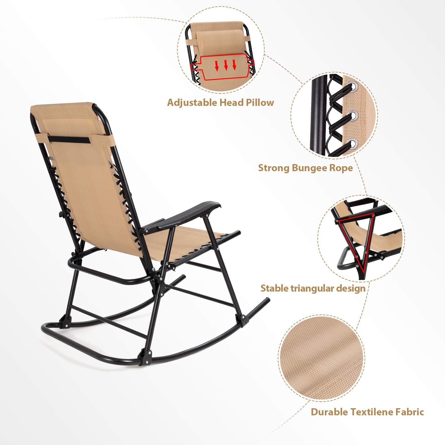 Flamaker Patio Rocking Chair - Zero Gravity Outdoor Folding Recliner Lounge Chair with Adjustable Backrest, Heavy Duty Steel Frame - Perfect for Backyard, Poolside, Beach & Camping (Beige)