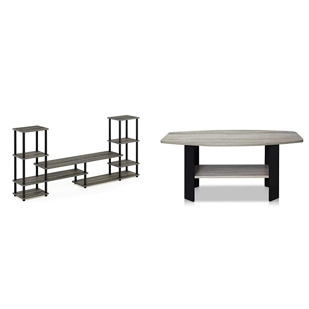 FURINNO Turn-N-Tube Grand TV Stand Entertainment Center with Coffee Table - French Oak Grey/Black Finish, Modern Simple Design for Living Room, Home Theater & Family Room Furniture