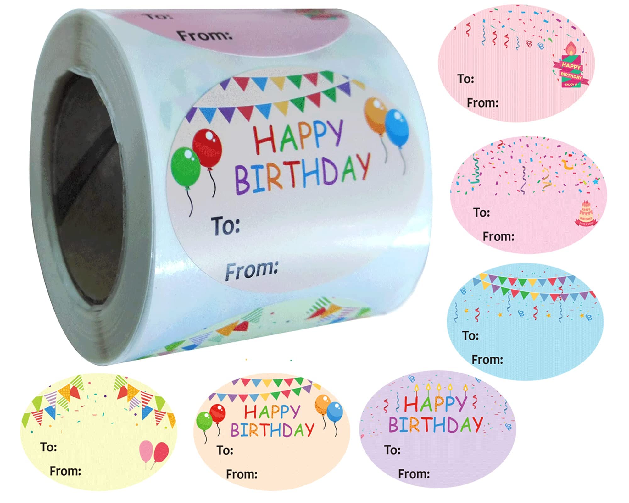 Happy Birthday Gift Tags - 300 Pcs Oval Present Stickers (1.5 x 2 Inch) for Kids Party Favors, Envelopes & Packages - 6 Cute Designs - Perfect for Birthday, Valentine's Day & Festive Celebrations