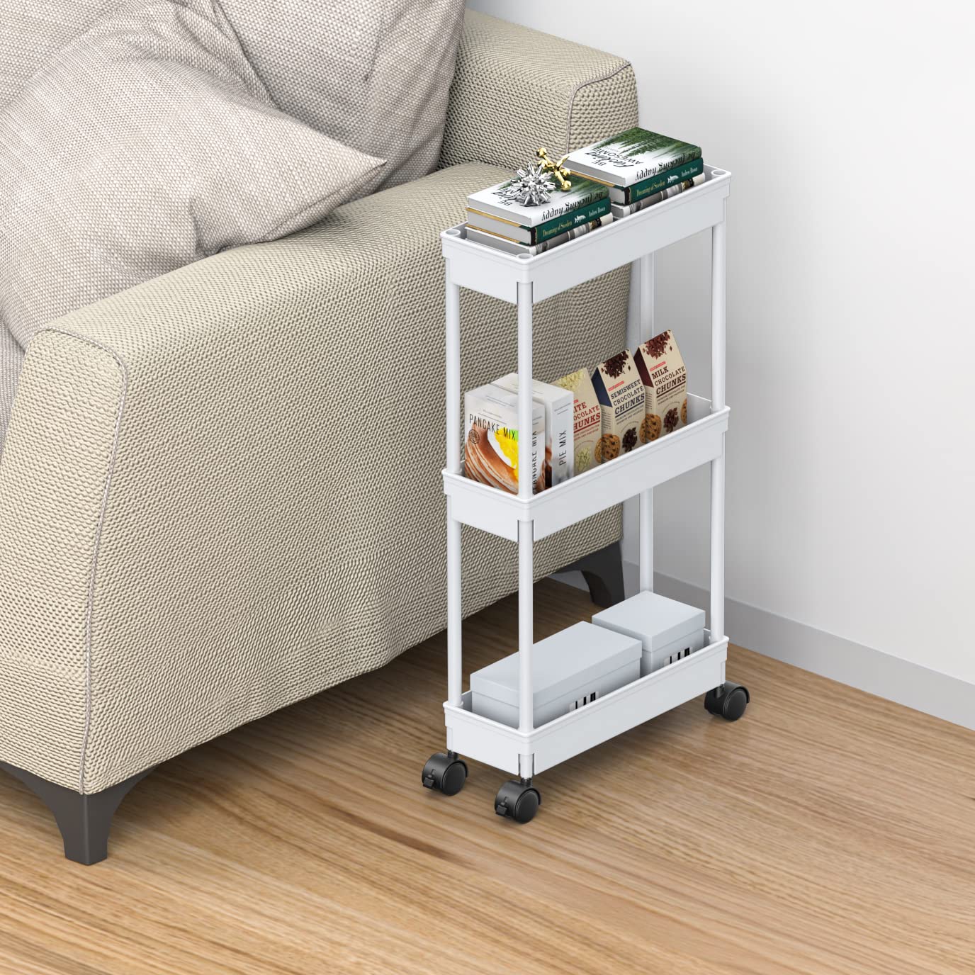 Sooyee 3-Tier Rolling Utility Cart with Wheels - Slim Narrow Storage Organizer for Office, Bathroom, Kitchen & Laundry Room - Under Desk Mobile Cabinet for Small Spaces - Perfect for Home, Dorm & Workspace Organization (White)