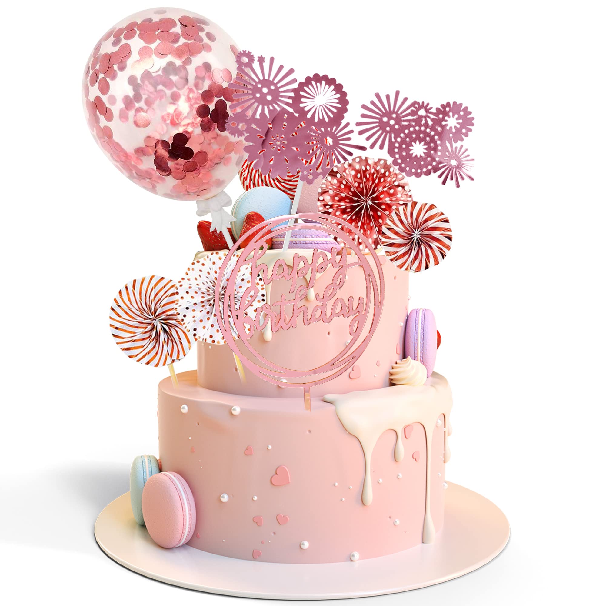 13-Piece Rose Gold Cake Toppers Kit - Cupcake Decorations with Paper Fans, Confetti, Balloons & Stars for Birthday Party | Perfect for Rose Gold Themed Celebrations, Baby Showers, Weddings & Anniversary Cakes