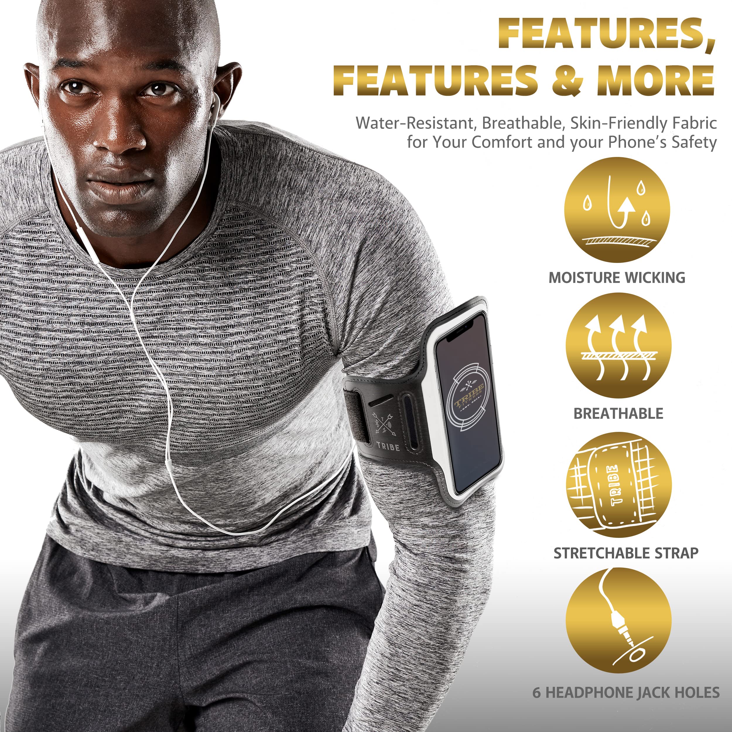 TRIBE Running Phone Holder Armband for iPhone & Galaxy - Adjustable Sports Armband for Women & Men - Perfect for Running, Jogging, Walking & Gym Workouts - Fits All Smartphones with CC/Key Pocket - Stay Active & Connected During Outdoor Activities, Fitness Training & Daily Exercise