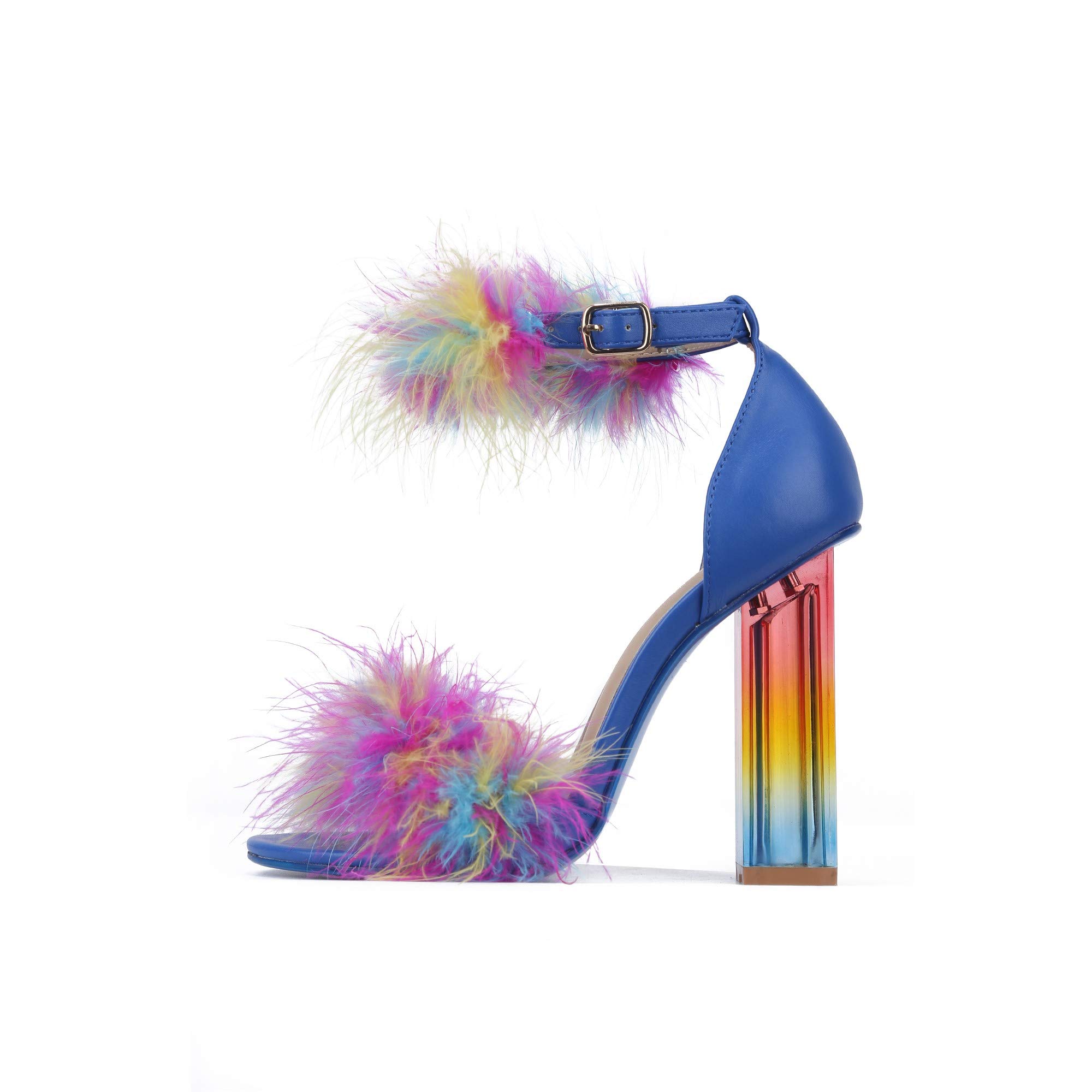 Cape Robbin Women's Chunky Block High Heels - Transparent Strappy Open Toe Platform Sandals with Feathers | Sexy Party Shoes for Women, Night Out, Clubwear, Date Night, Special Occasions