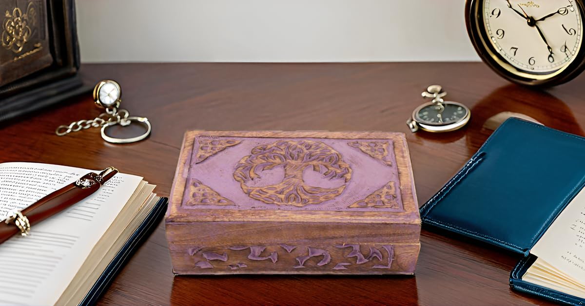 Handmade Wooden Jewelry Box with Tree of Life Carving - Jewelry Organizer, Keepsake Box, Watch Storage & Trinket Holder - Perfect Birthday, Housewarming Gift (Violet) - Ideal for Home Decor, Wedding Gifts & Jewelry Storage