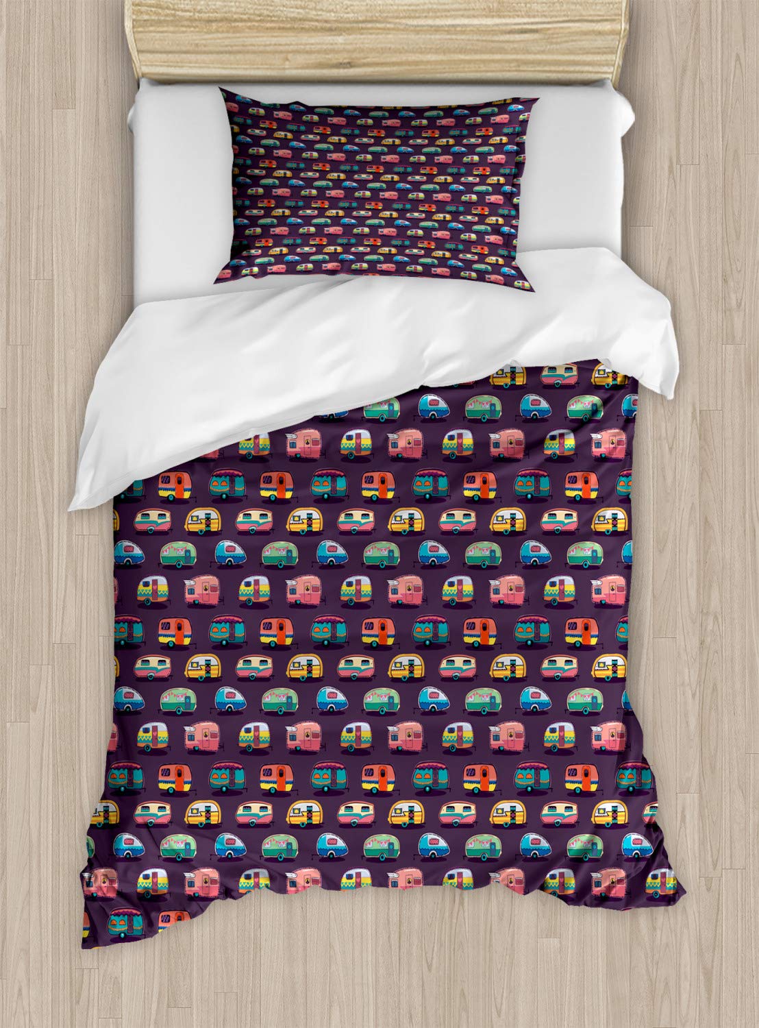 Ambesonne Happy Camper Duvet Cover Set - Retro Travel Themed Bedding with Colorful Vans Pattern, 2-Piece Twin Size (Duvet Cover + Pillow Sham) in Eggplant Multicolor - Perfect for Kids' Rooms, Camping Themed Decor & Vintage Style Bedrooms