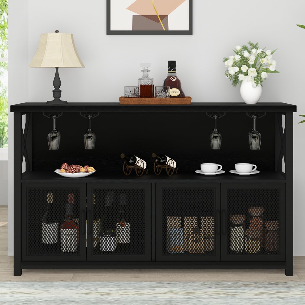 LVB Black Coffee Bar Cabinet - Modern Liquor Cabinet with Wine Rack Storage for Kitchen, Dining Room & Home Bar - Farmhouse Style Sideboard Buffet for Wine Glasses & Bottles Organization - Perfect for Entertaining Guests & Stylish Home Decor (47