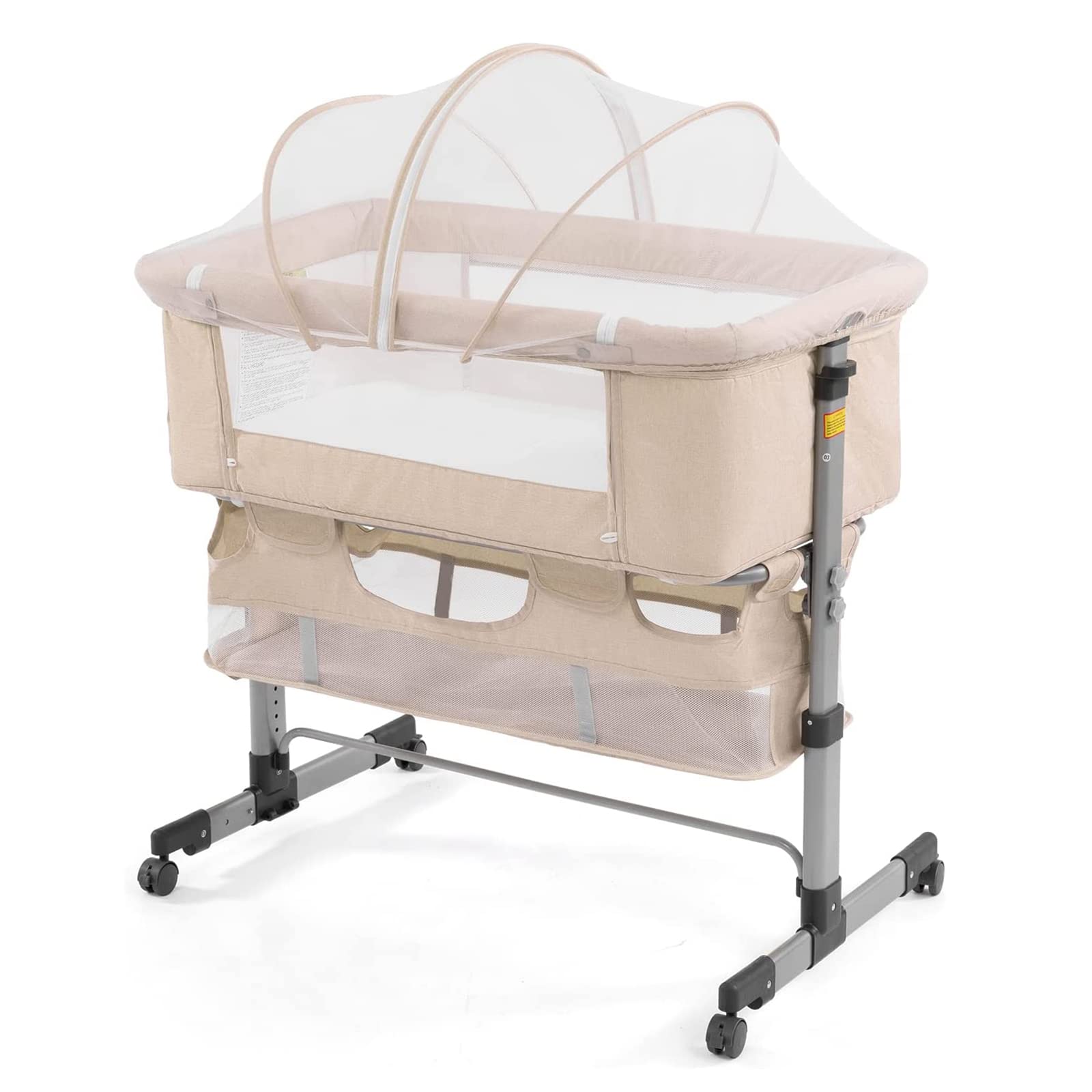 3-in-1 Portable Adjustable Bedside Crib for Newborn Baby - Convertible Bassinet with Mosquito Net for Girls & Boys - Deep Khaki - Perfect for Nursery, Bedroom & Travel