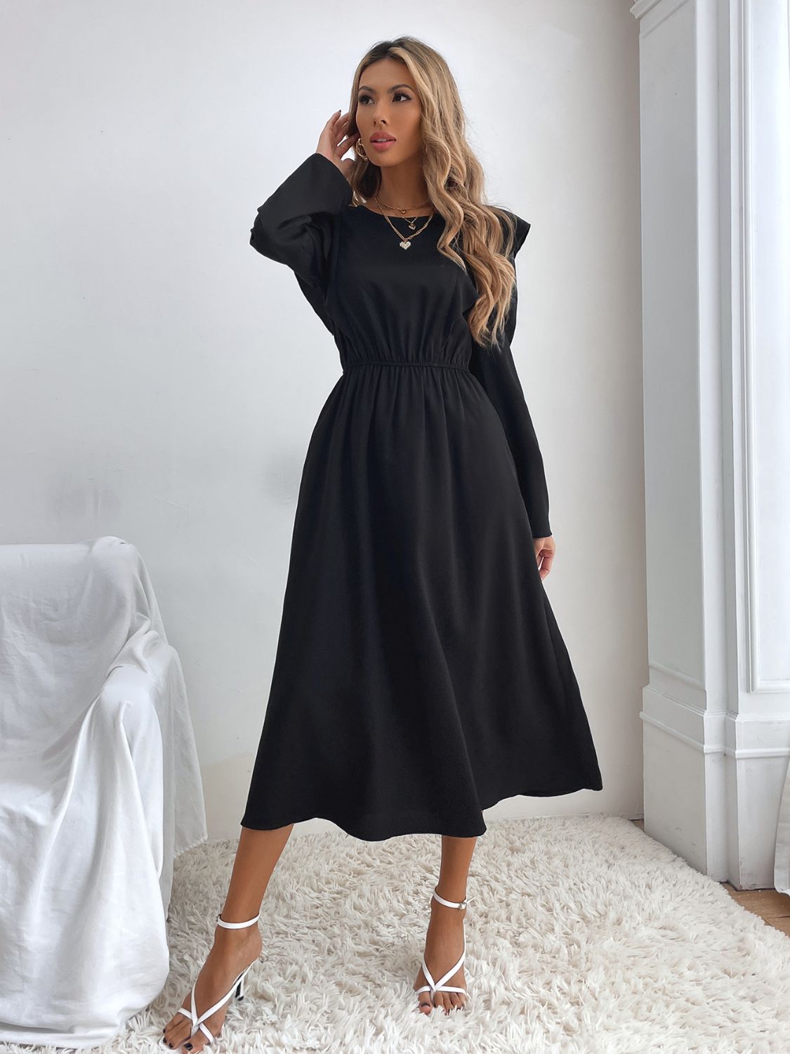 Elegant Ruched Ruffled Round Neck Long Sleeve Midi Dress for Women | Party, Wedding & Special Occasion Outfit
