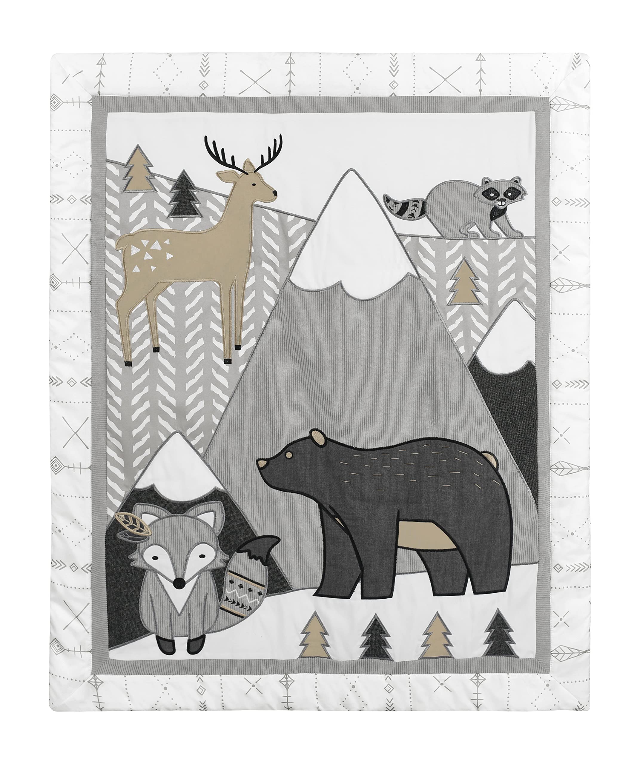 Sweet Jojo Designs Boho Mountain Animal Nursery Crib Bedding Set - 4 Piece Woodland Forest Theme with Deer, Fox & Bear - Beige, Grey & White Unisex Baby Bedding for Boys & Girls - Perfect for Nursery Decor, Baby Shower Gifts & Cozy Crib Setup