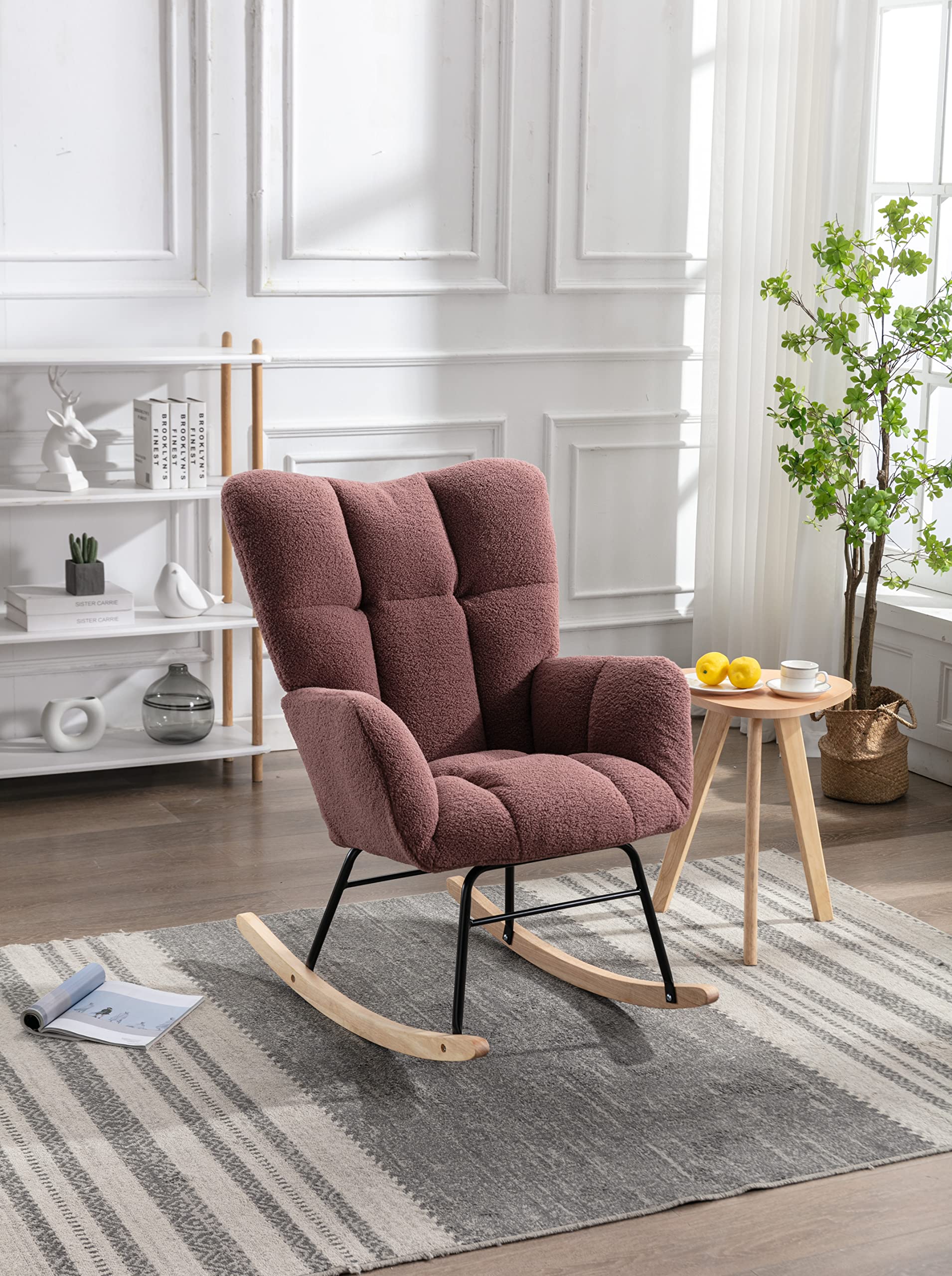 KONANA Medieval Velvet Upholstered Single Rocking Chair with Liner - Pink Comfort Chair for Living Room, Bedroom, Game Room & Study - Perfect for Reading, Relaxing & Home Decor