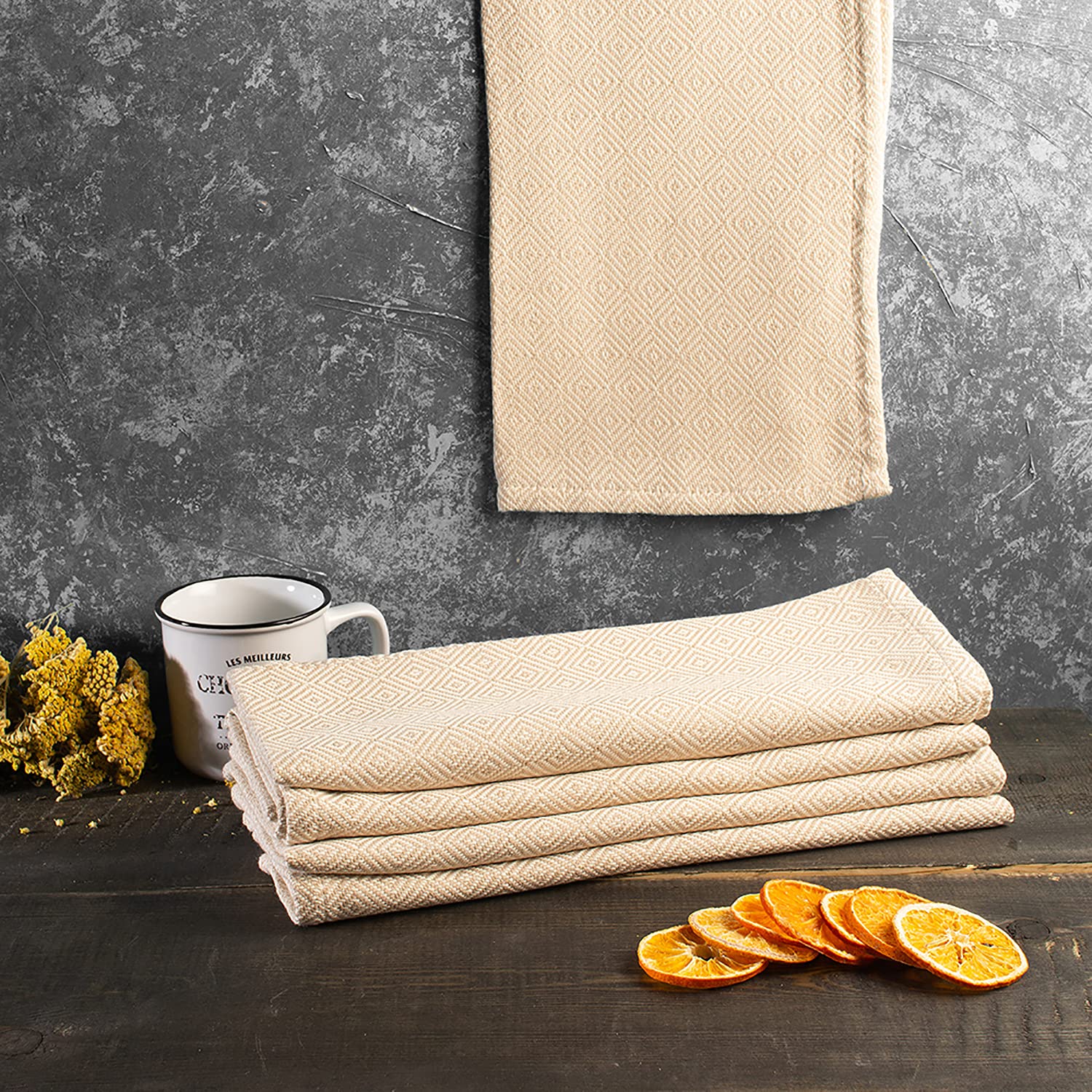 Premium Turkish Cotton Hand Towels 5-Pack - Super Absorbent Kitchen Dish Towels for Drying Dishes, Cleaning & Bar Use - Soft Beige Diamond Pattern Tea Towels for Home, Restaurant & Commercial Kitchens