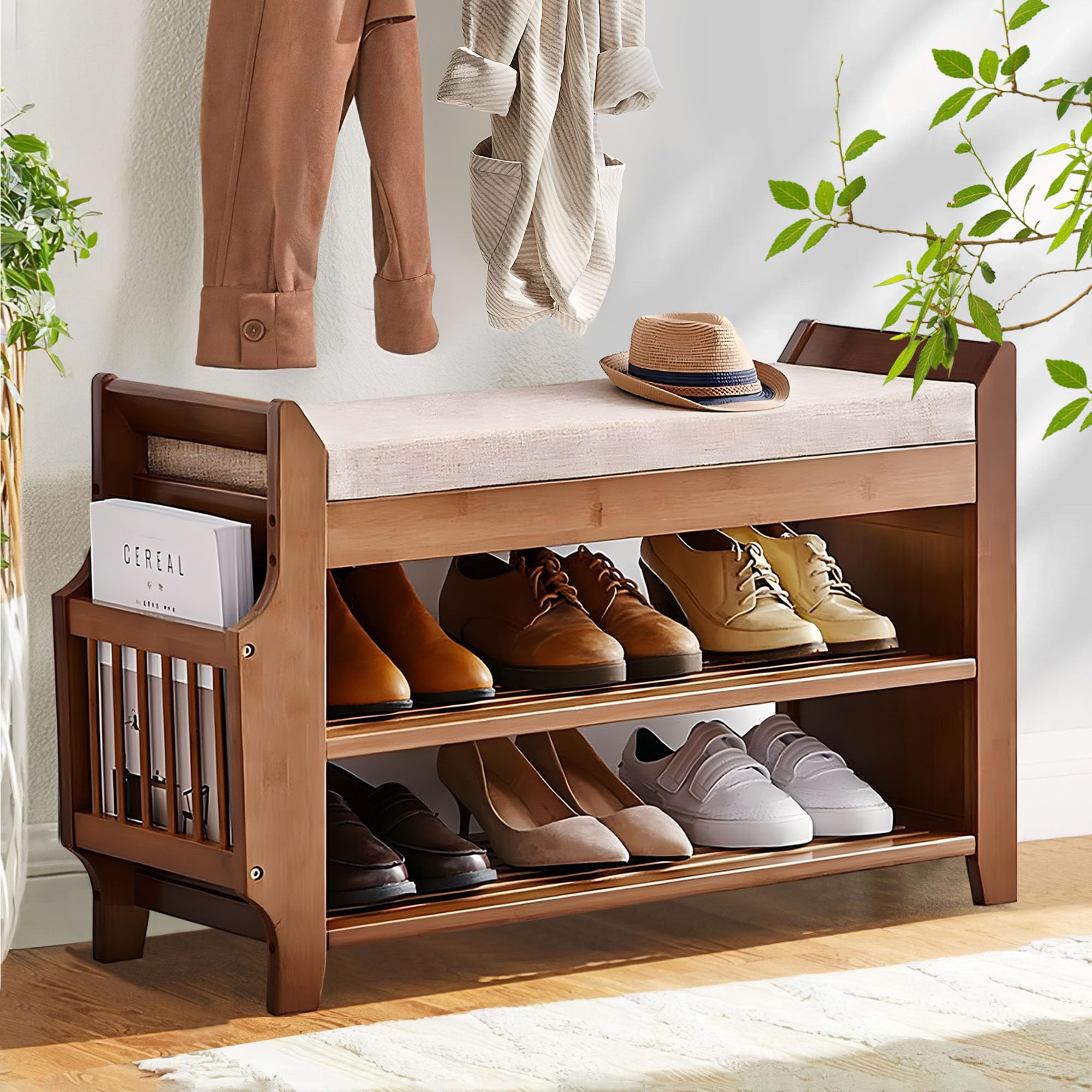 2 Tier Bamboo Shoe Rack Bench with Storage - Entryway Shoe Organizer for Hallway, Living Room & Bedroom - Space Saving Shoe Storage Solution for Home & Apartment