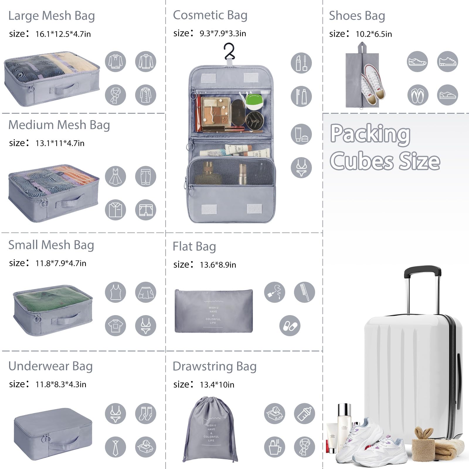 Hestiasko 9-Piece Travel Packing Cubes Set - Waterproof & Lightweight Luggage Organizers for Clothes, Shoes & Cosmetics | Foldable Suitcase Storage Bags for Business Trips, Vacations & Daily Use (Grey)