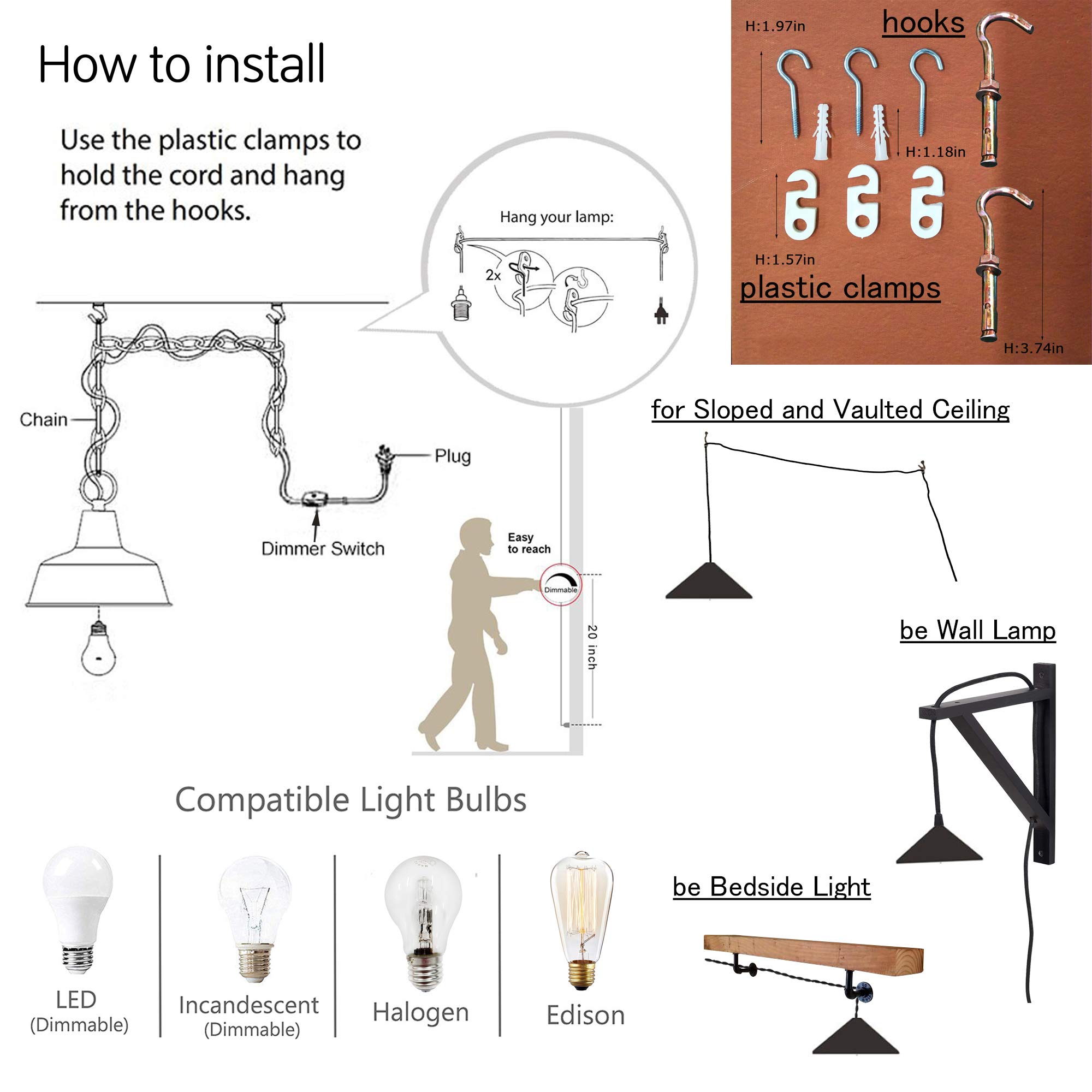 Portable Tiffany Style Hanging Swag Lamp - No Wiring Needed, Stained Glass Baroque Chandelier with 20ft Plug-in Cord, UL Certified, Dimmable On/Off Switch - Perfect for Bedroom, Living Room, or Dining Room Decor