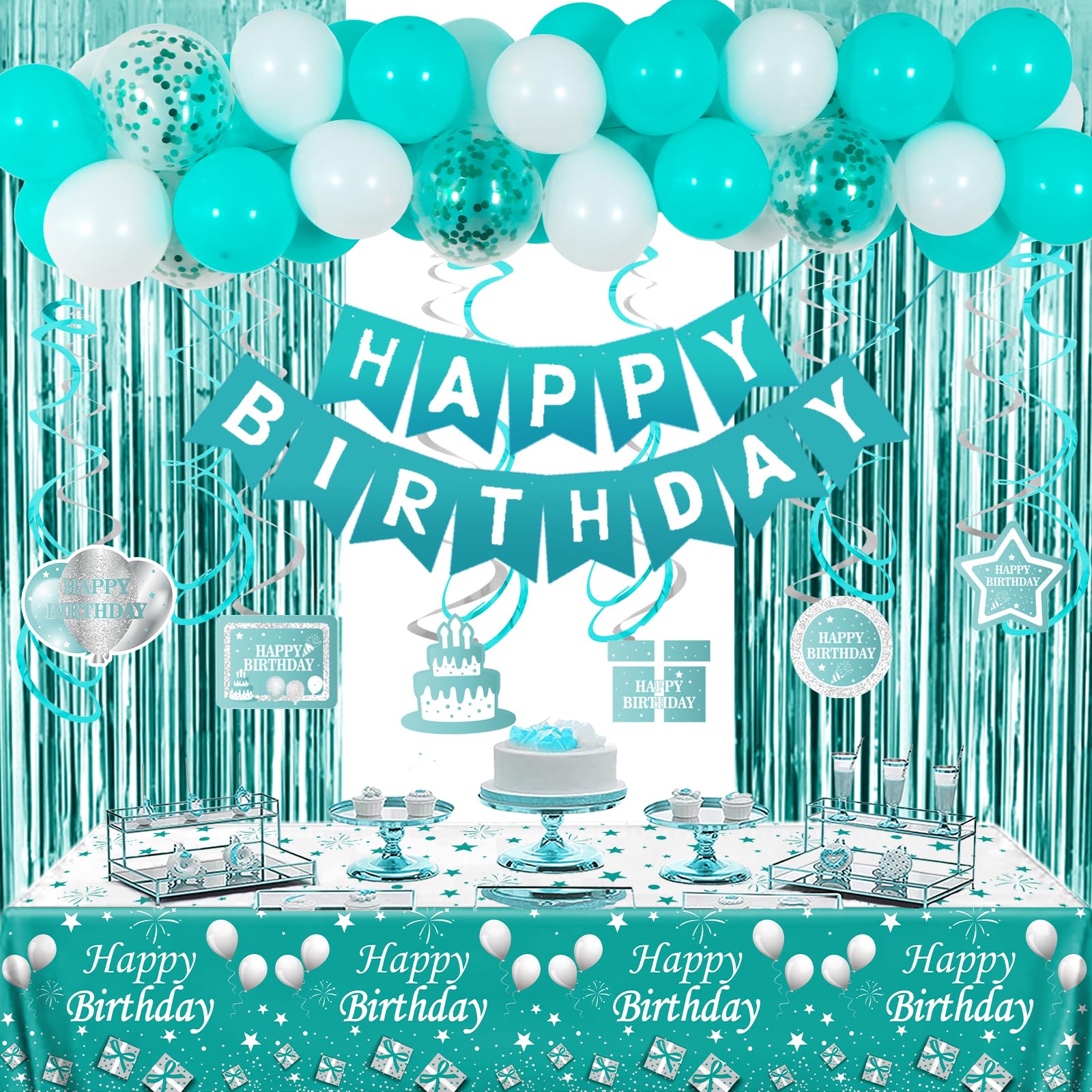 Teal Birthday Party Decorations for Girls & Women - Balloons, Curtains, Tablecloth, Swirl Pendants & Banner - Perfect for Birthday Celebrations, Baby Showers & Special Events