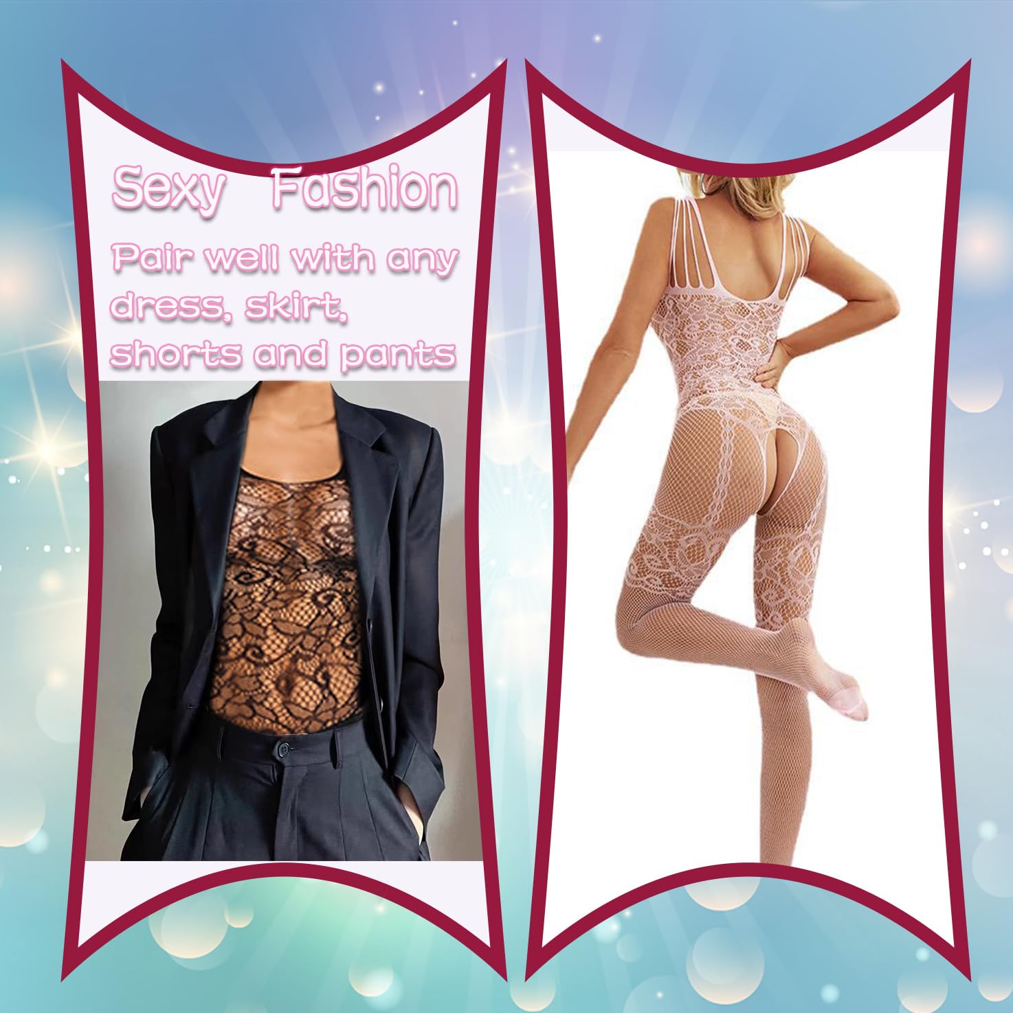Mom & Myaboys Women's Fishnet Bodystocking with Attached Stockings - Sexy Crotchless Lingerie Bodysuit One-Piece Babydoll (One Size) for Date Night & Boudoir Photography