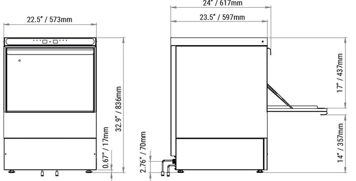AMDTO Undercounter Dishwasher - Front Load Door Type, 23 5/8 Inch Width, 20/30/60 Racks per Hour Capacity, High Temperature Sanitizing for Restaurants, Cafes & Commercial Kitchens
