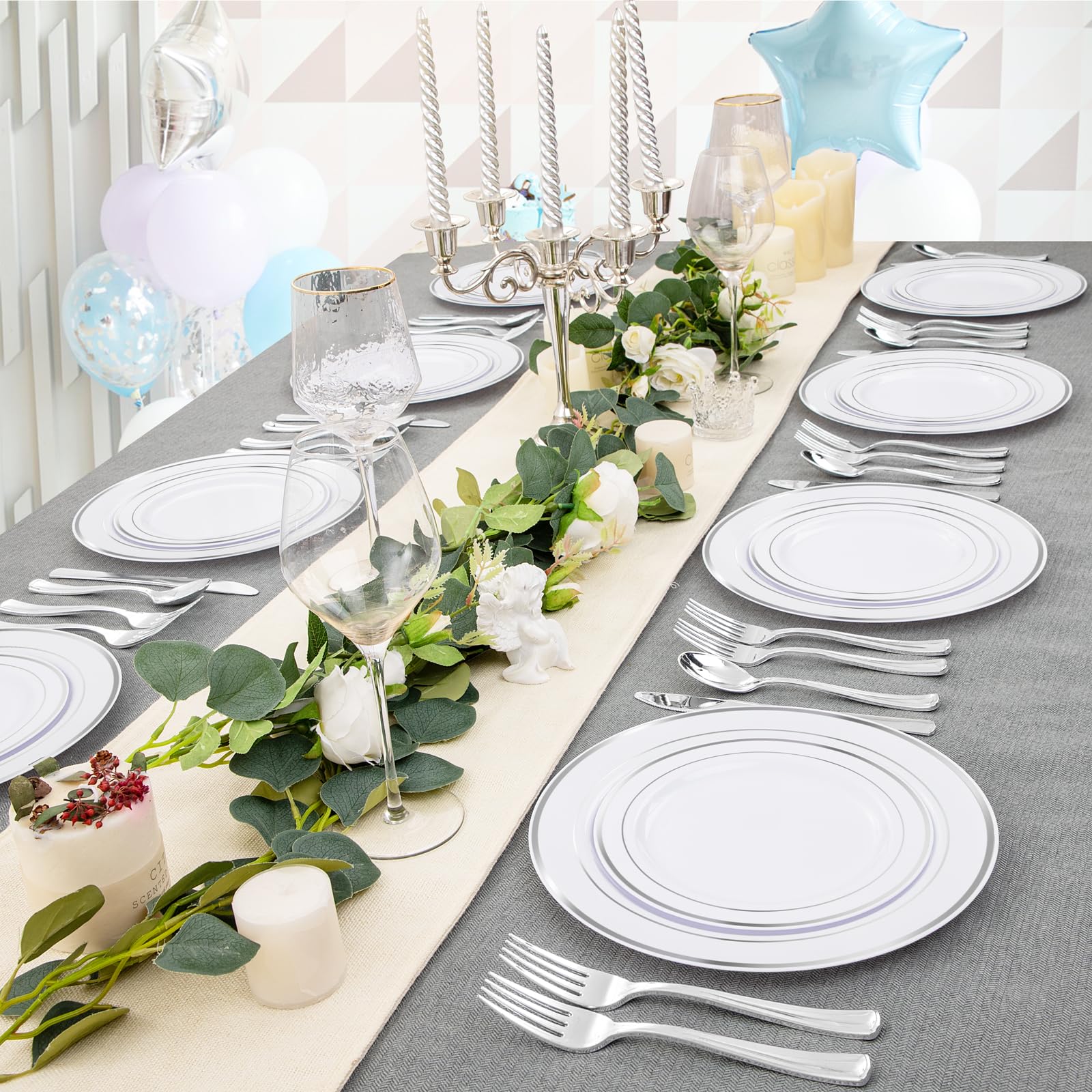 FLOWERCAT 60-Pack Heavy Duty Silver & White Plastic Plates Disposable - 30PCS 10.25