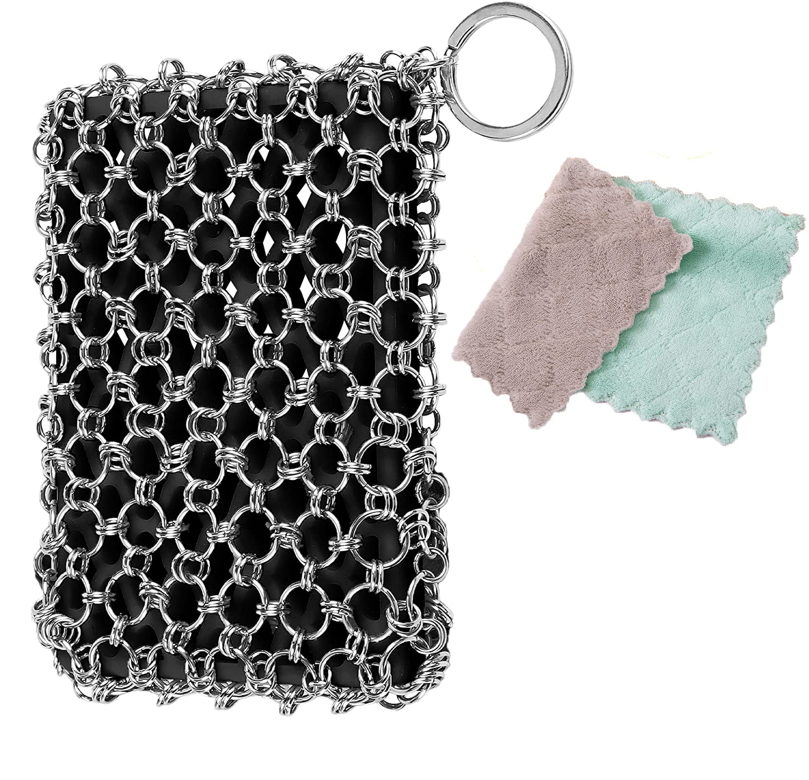 **Upgraded 316 Stainless Steel Chainmail Scrubber Set for Cast Iron Skillet – Includes Silicone Insert & Coral Fleece Rag – Heavy-Duty 3D Scraper for Pans, Griddles & Baking Dishes (Black) – Perfect for Deep Cleaning & Seasoning Cast Iron Cookware**