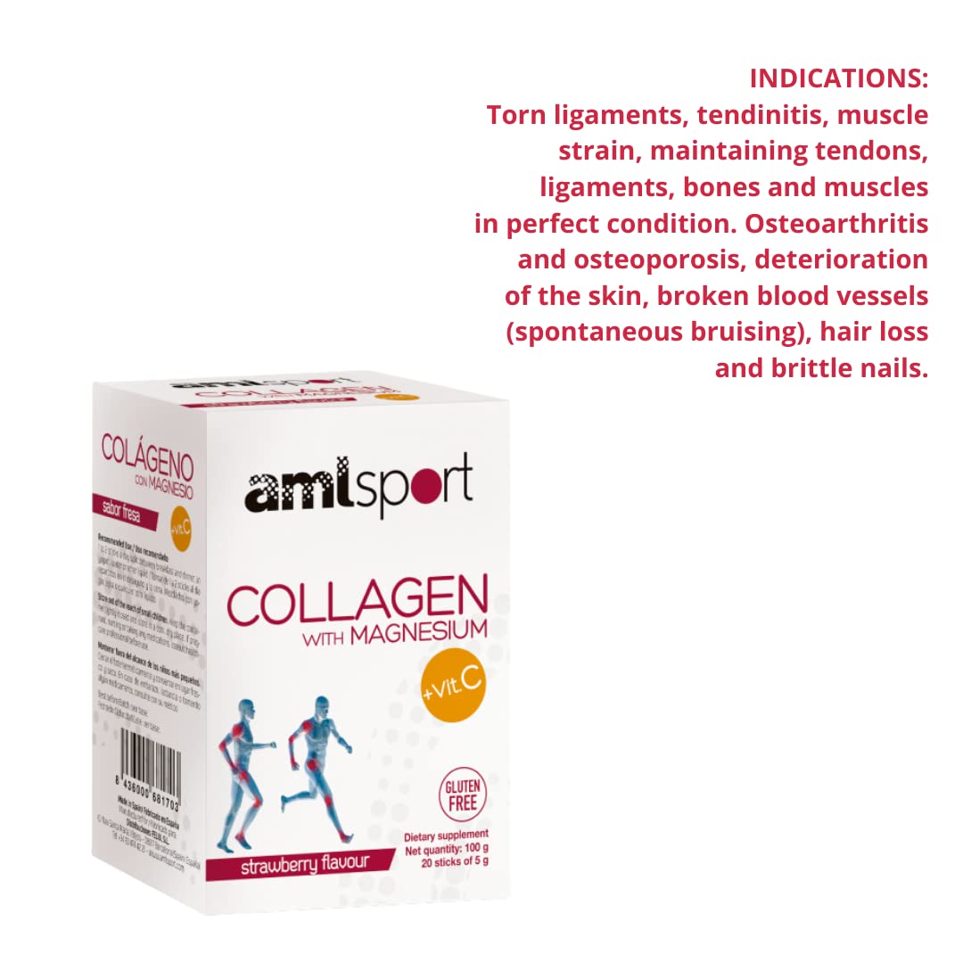 Ana María Lajusticia AML Sport Collagen with Magnesium & Vitamin C - 20 Strawberry Flavored Sticks - Hydrolyzed Collagen Supplement for Joint & Skin Health - Travel Pack - Dairy, Gluten & Sugar Free - Perfect for Gym, Travel & Active Lifestyle
